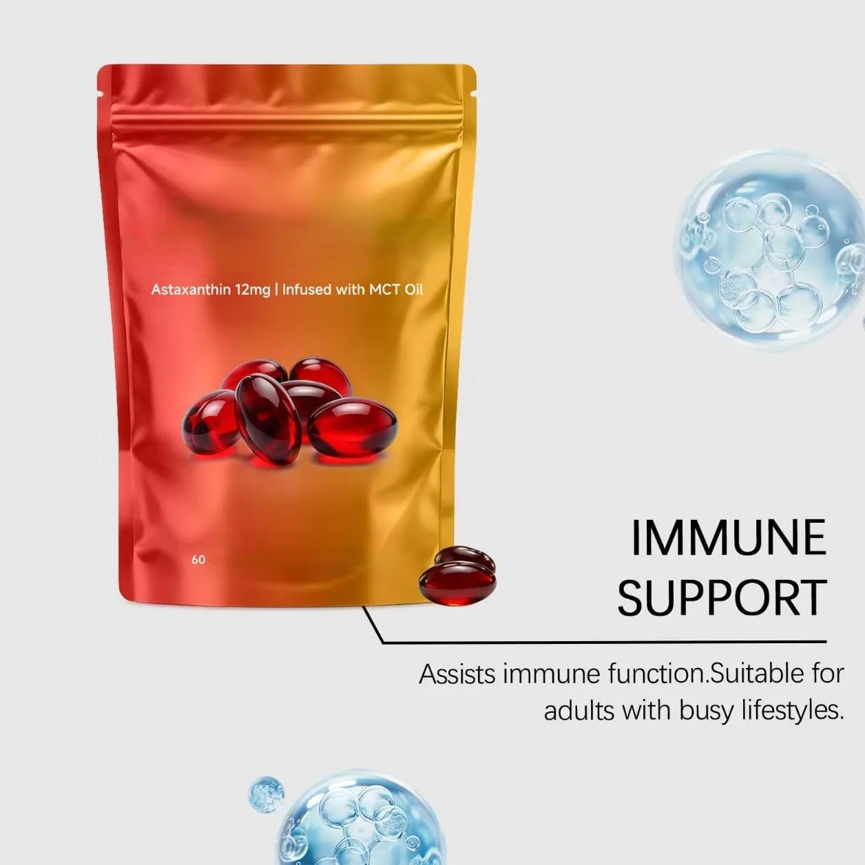 Astaxantina 12 mg con olio MCT Fonte di microalghe fresche Supporti per occhi e pelle Non OGM senza glutine 60 conteggi 3Pcs