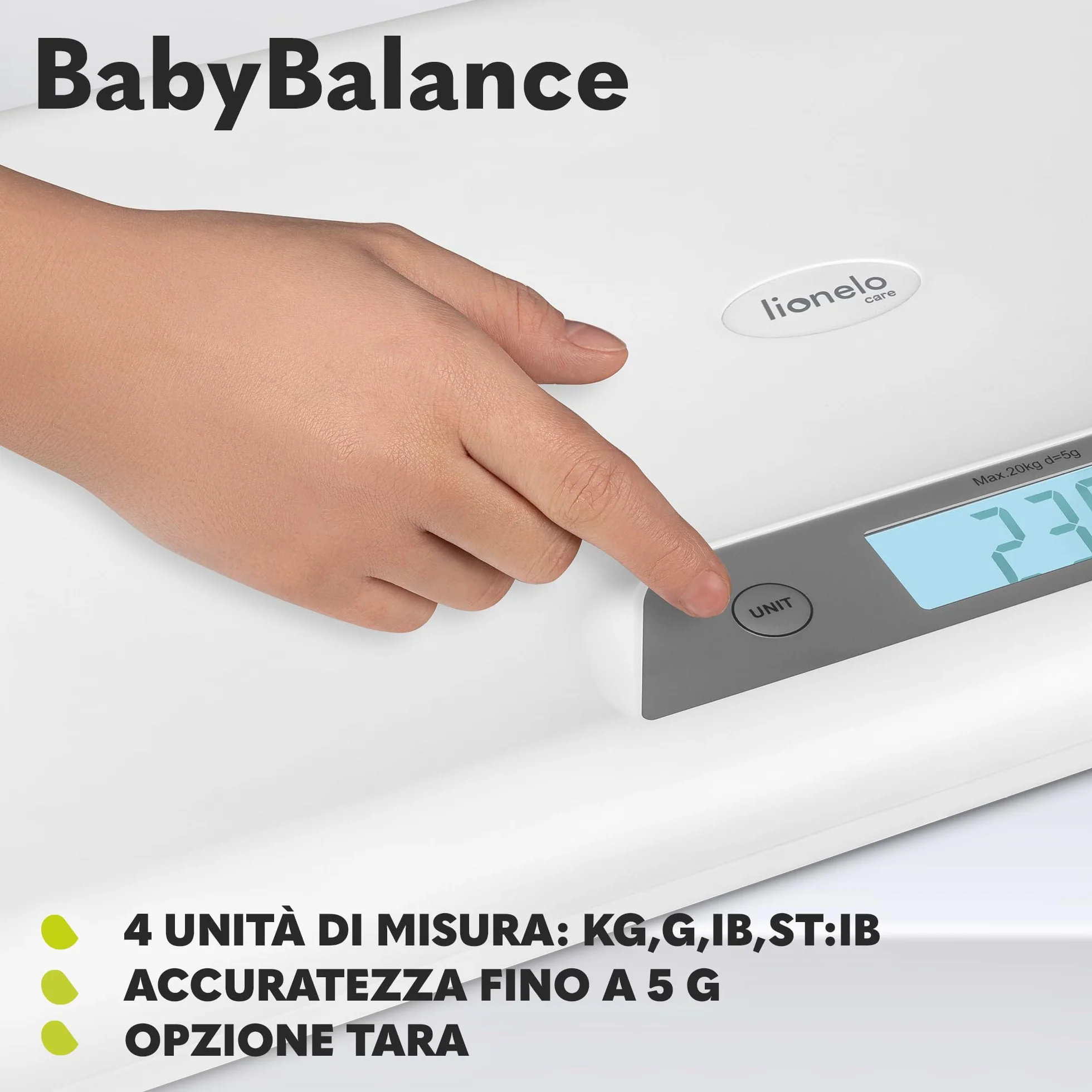 LIONELO BABYBALANCE bilancia elettronica neonati 20kg display tara memorizzazione misurazione pesatura 5g