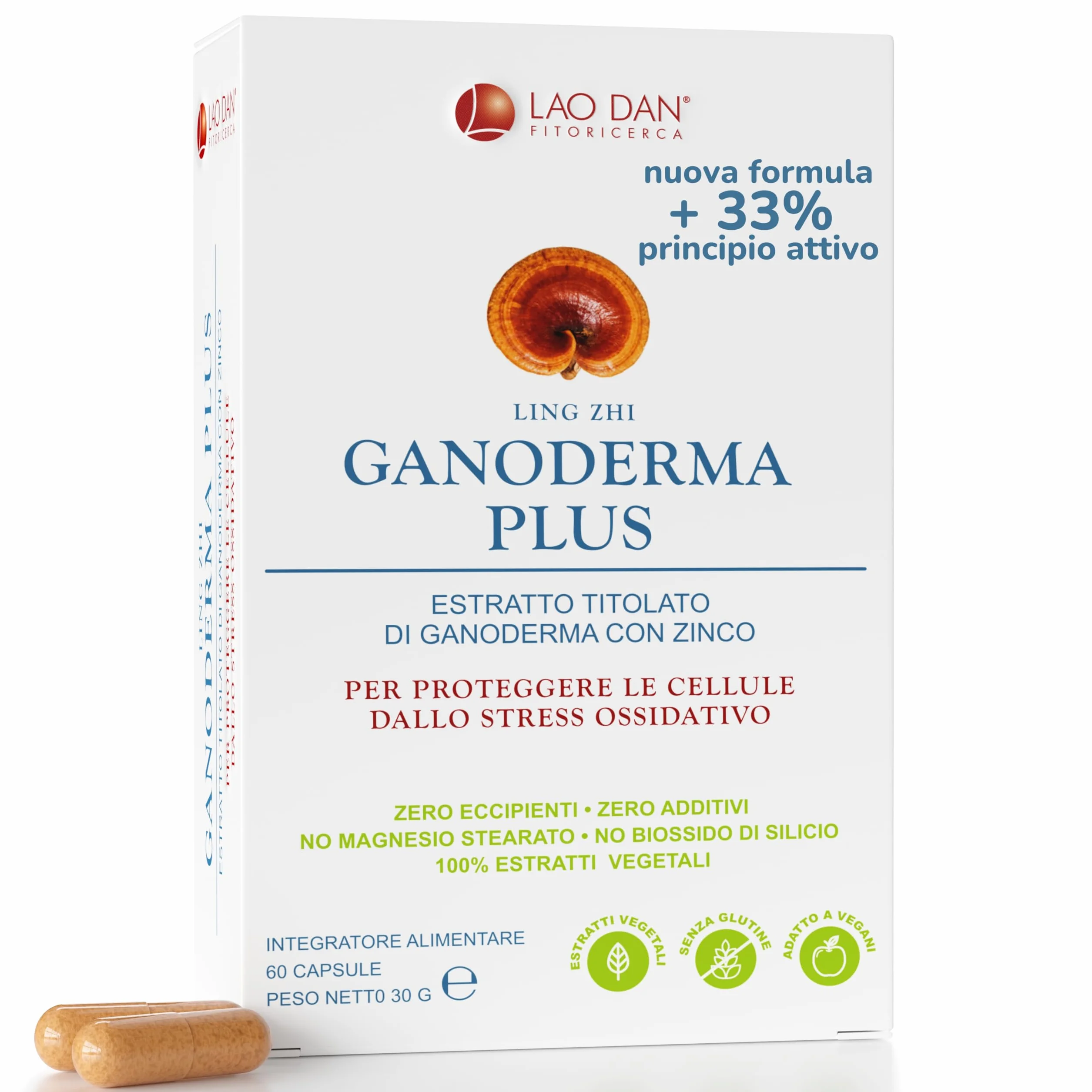 Nuovo GANODERMA PLUS - REISHI da Fitoricerca Lao Dan® Nuova formula 60 Cps 100% Naturale Zero Additivi +33% di Estratto Premium Quality 400mg Massima titolazione 50% polisaccaridi Made in Italy