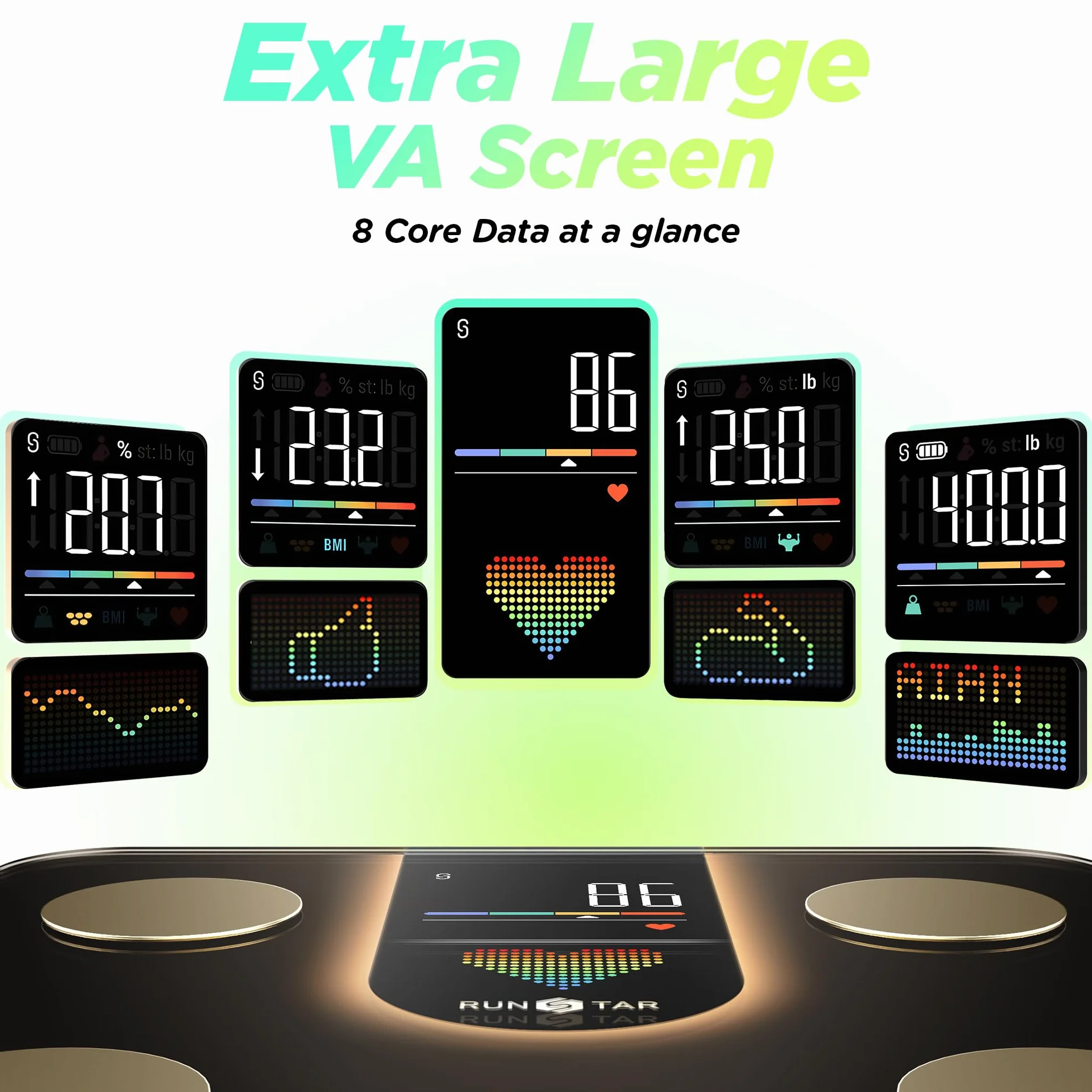 RunStar Bilancia Pesapesone Smart 8in1 Display VA, Alta Precisione Peso Corporeo BMI Grasso Corporeo 22 Dati Composizione Corporea Sync App