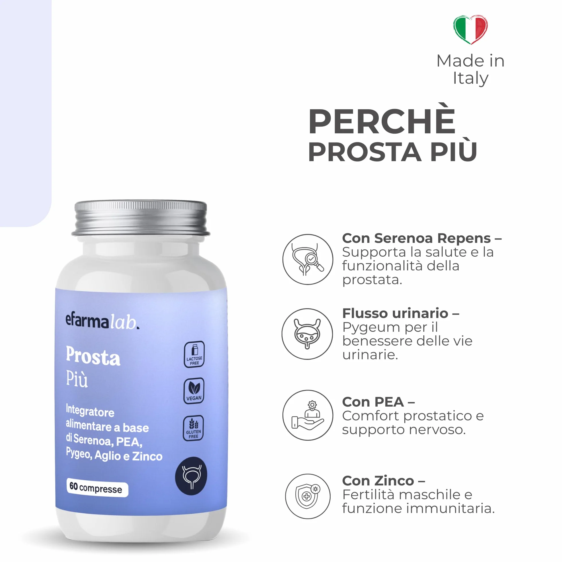 eFarmaLab Integratore per la Prostata con Serenoa Repens, Pygeum, PEA e Zinco 60 Compresse Made in Italy