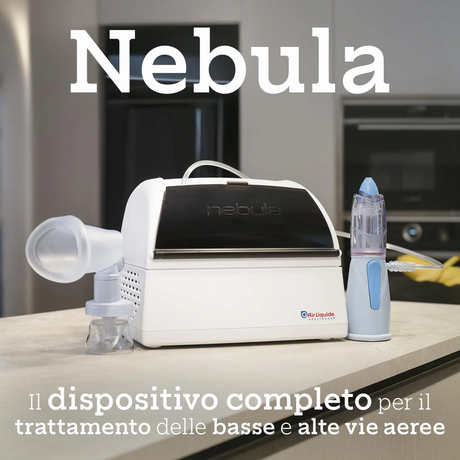 Air Liquide Healthcare NEBULA Sistema Completo per Aerosolterapia Adulti e Bambini con RINOWASH, SPACER e Maschera Pediatrica
