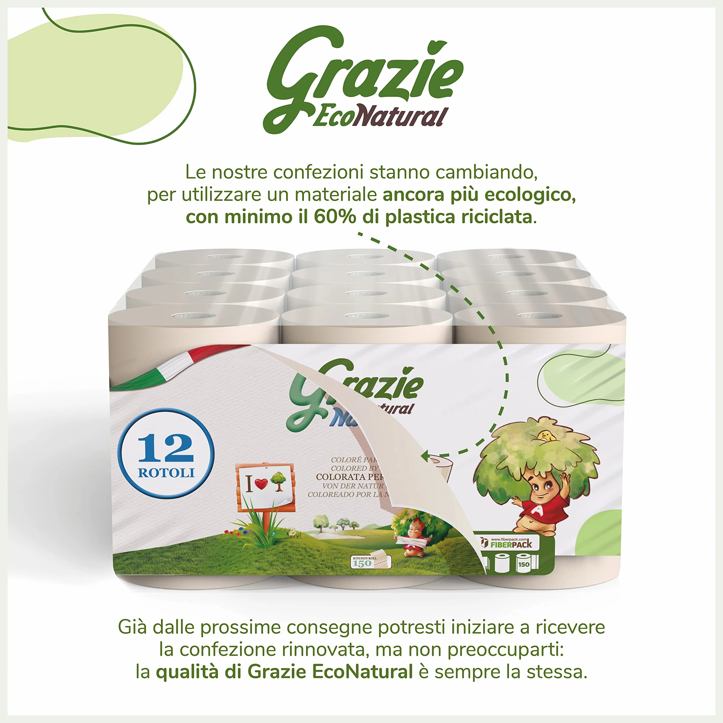 Asciugatutto Monorotolo 12 Rotoli Bobina Carta Assorbente 100% Riciclata Fiberpack Ecolabel FSC Recycled Made in Italy