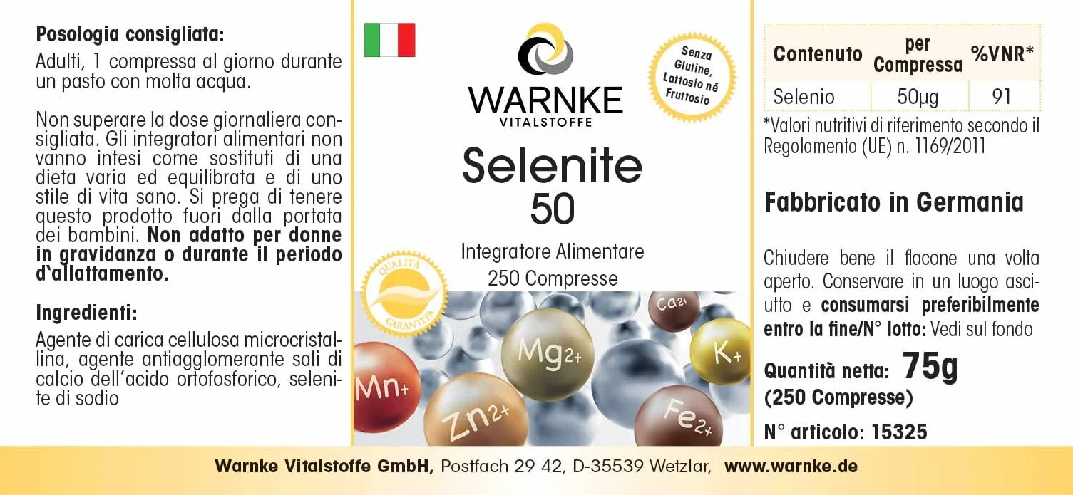 Selenio 50 mcg integratore di sodio - Ottenuto da selenio - Sostanza pura - 250 compresse | Warnke Vitalstoffe - Qualità da farmacia tedesca