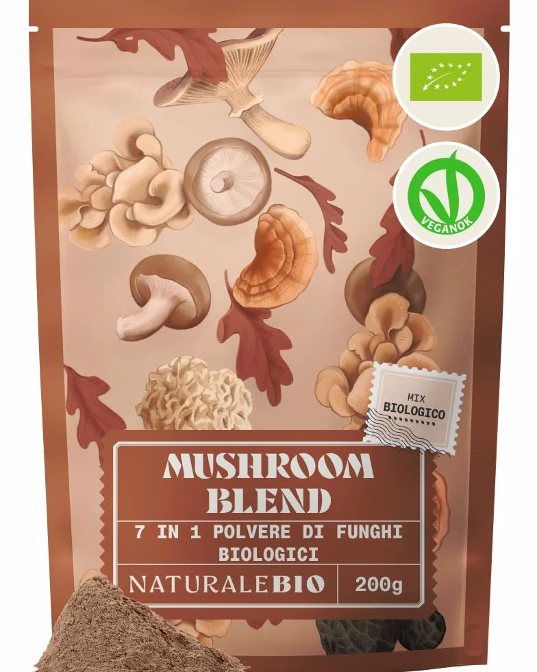 NaturaleBio Miscela di funghi in polvere 200g. Aumenta l'energia, favorisce la concentrazione, supporta l'intestino e il sistema immunitario. Bio, vegano, senza glutine e non OGM. Facile da consumare.