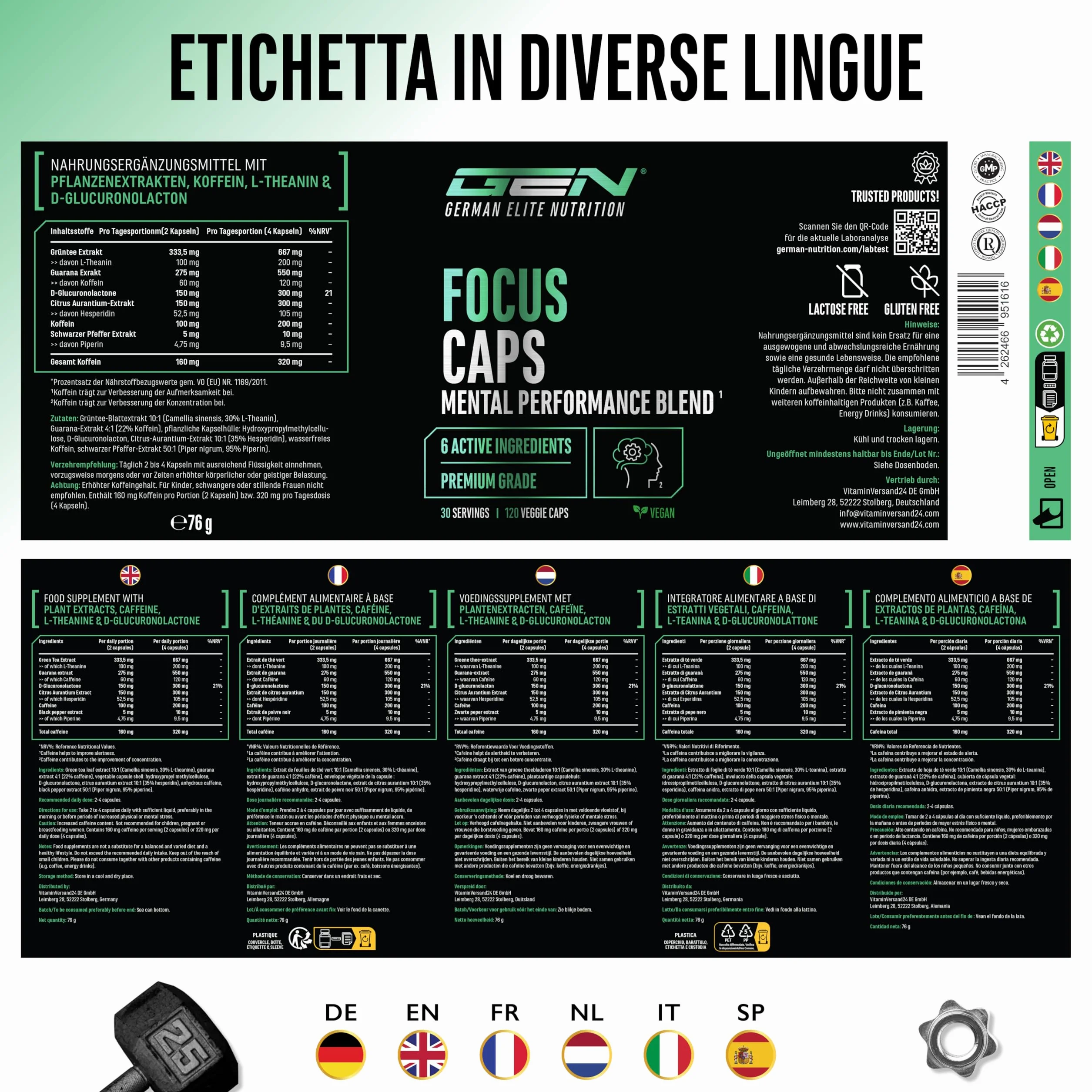 Focus Caps - 120 capsule - Miscela per le prestazioni mentali con L-Teanina, Tè verde, Guaranà, estratto di Citrus Aurantium, Caffeina, D-Glucuronolattone - ad alto dosaggio, vegan
