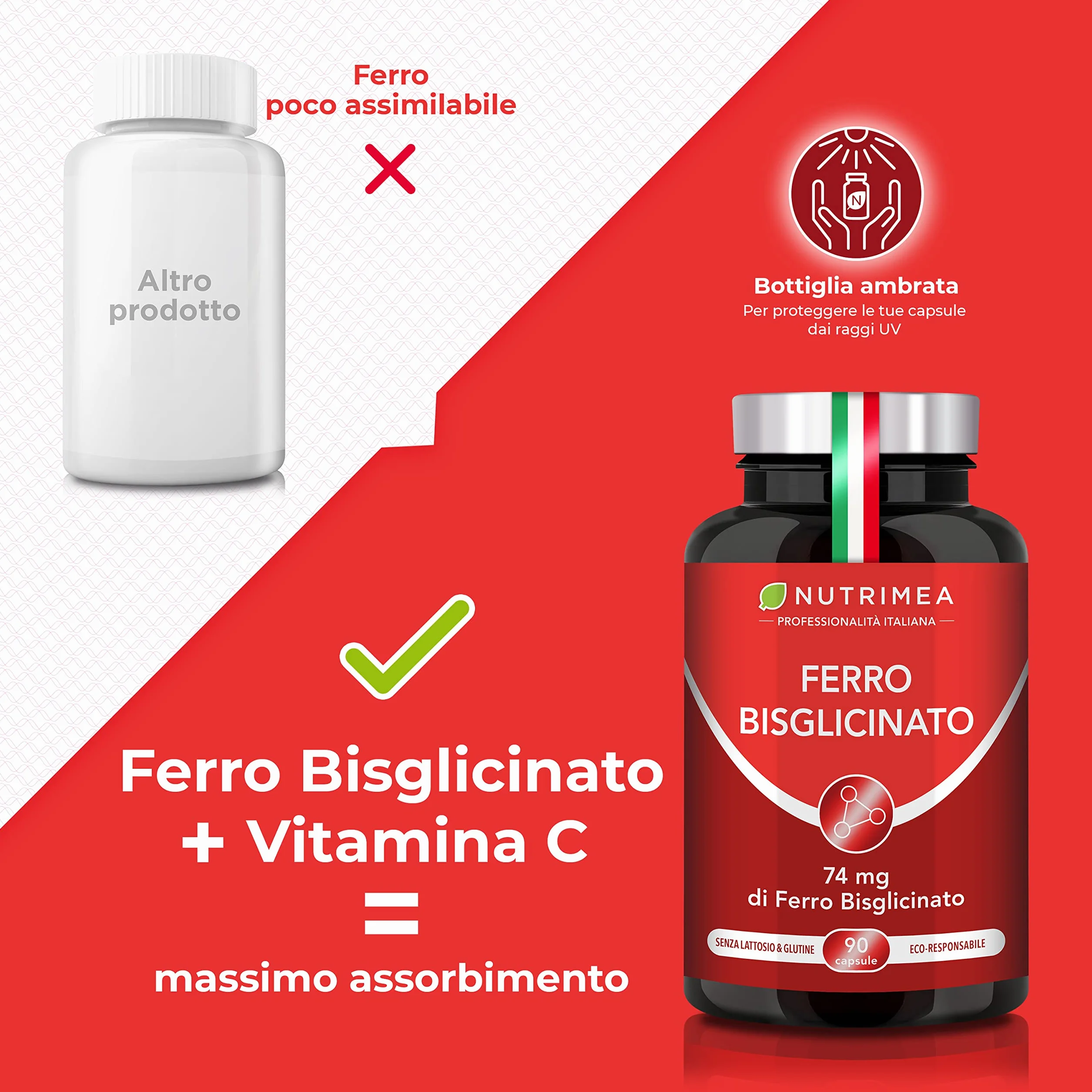 Ferro Bisglicinato | Integratore con Vitamina C | Per Stanchezza Fisica e Anemia | Elevata Tollerabilità Intestinale | Normale Funzione dei Glubuli Rossi e dell'Emoglobina | 90 Capsule