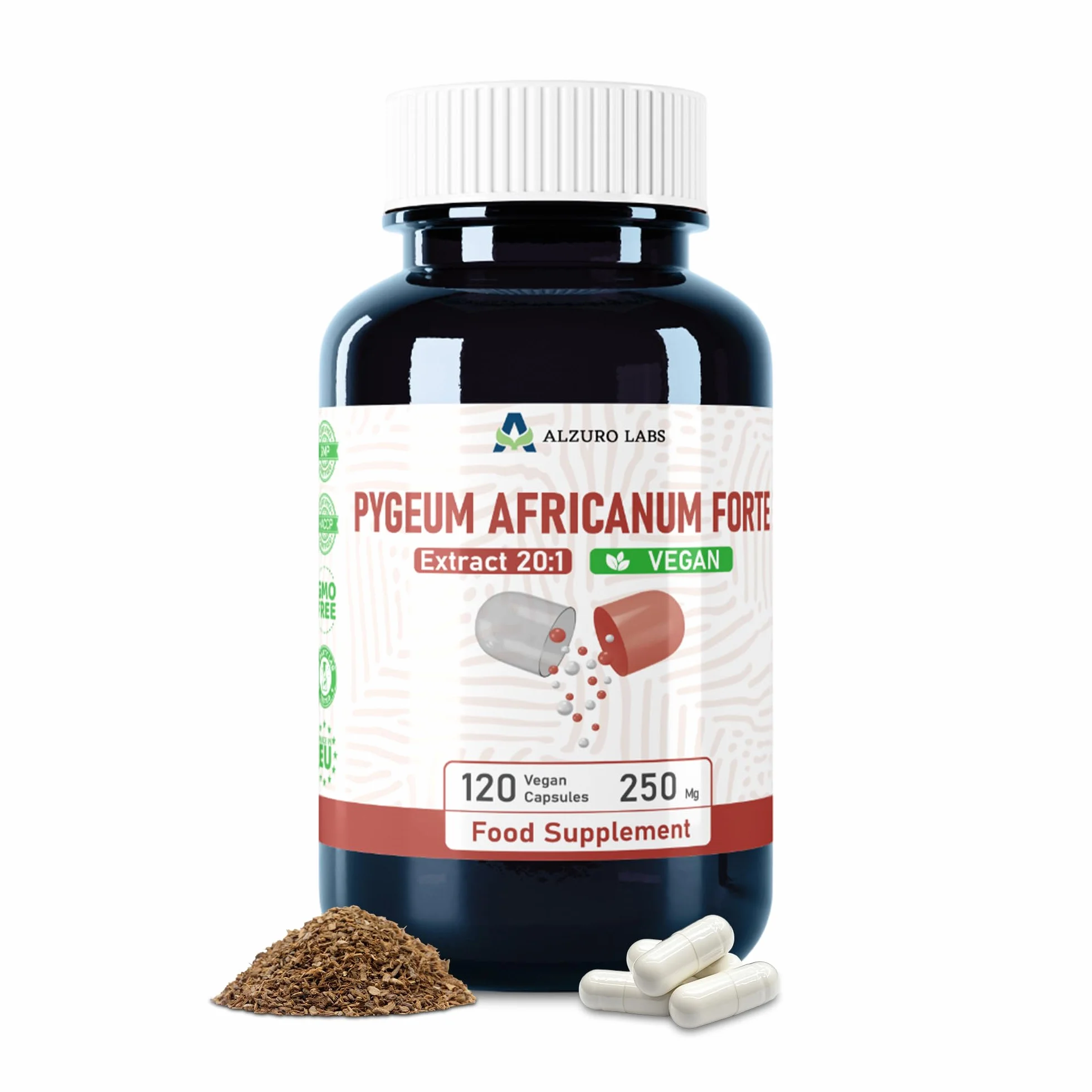 Pygeum africanum 5.000 mg Equivalente estratto di corteccia 20:1 250 mg 13% fitosteroli 120 Capsule Vegane Prunus africana GMP