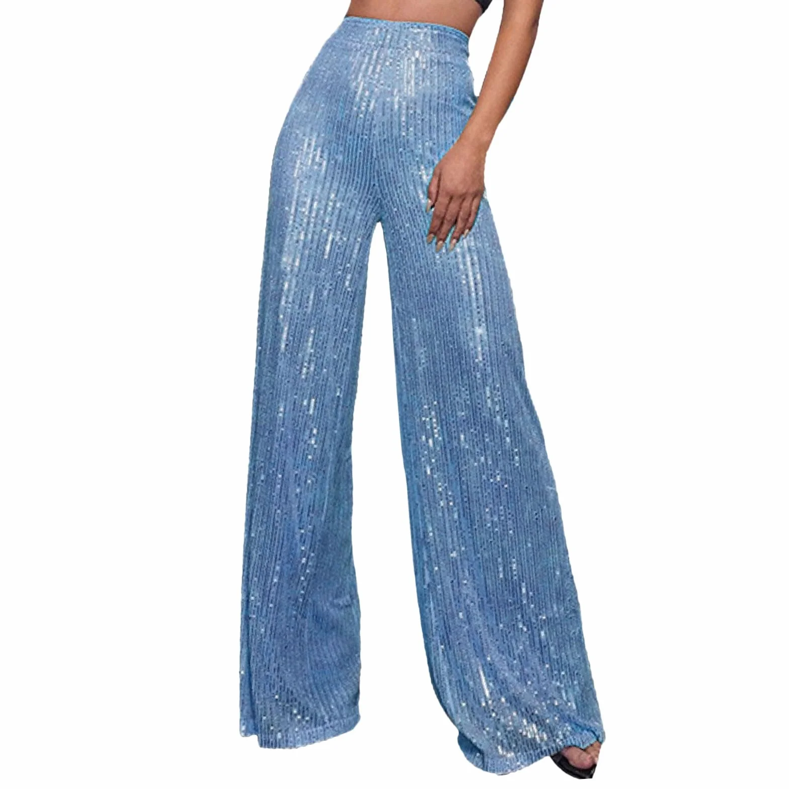 Pantaloni a zampa, alla moda, da donna, a gamba larga, per carnevale, con paillettes, in vita elasticizzata, con brillantini, da sera, per feste