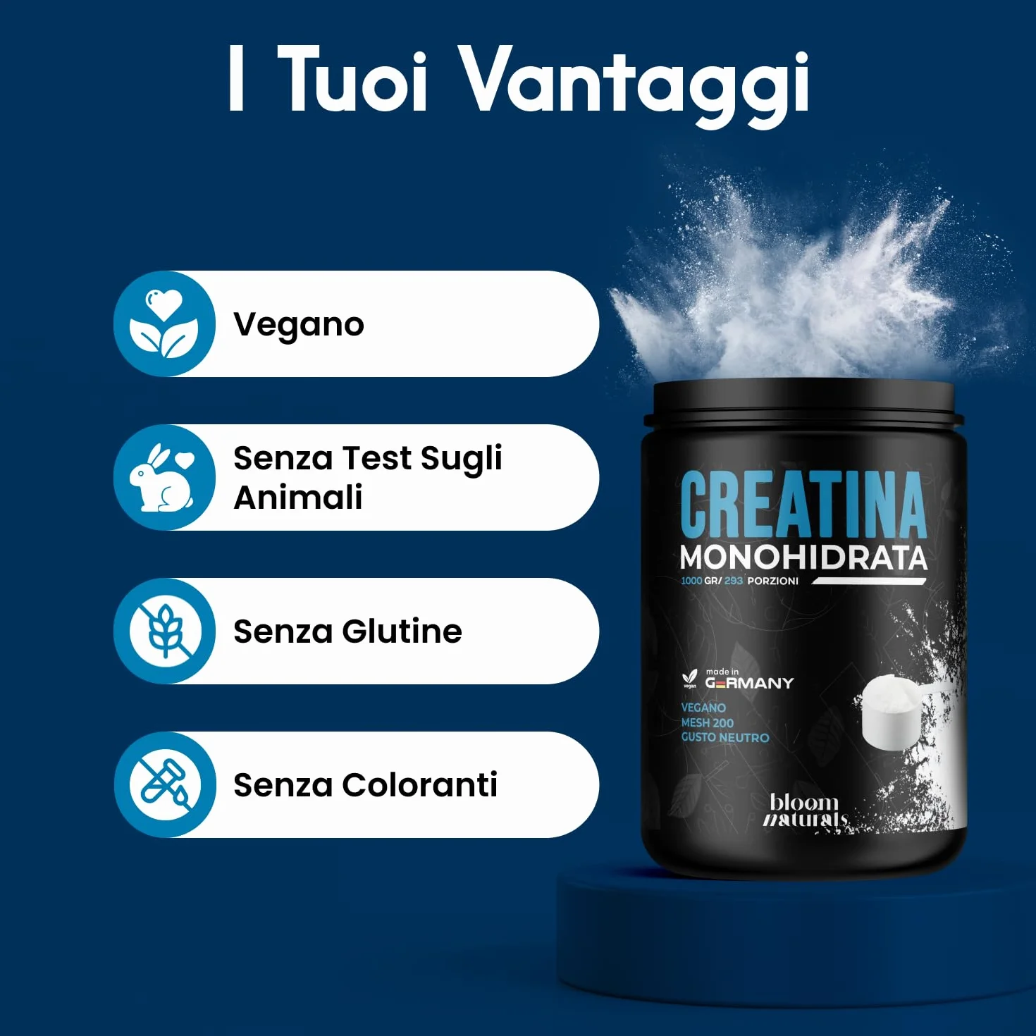Creatina Monoidrata in Polvere 1000g – 293 Porzioni – Gusto Neutro, Mesh 200 – Vegana, Prodotta in Germania - Creatina Monoidrato Polvere - Creatine Monohydrate Pure - Testato in Laboratorio