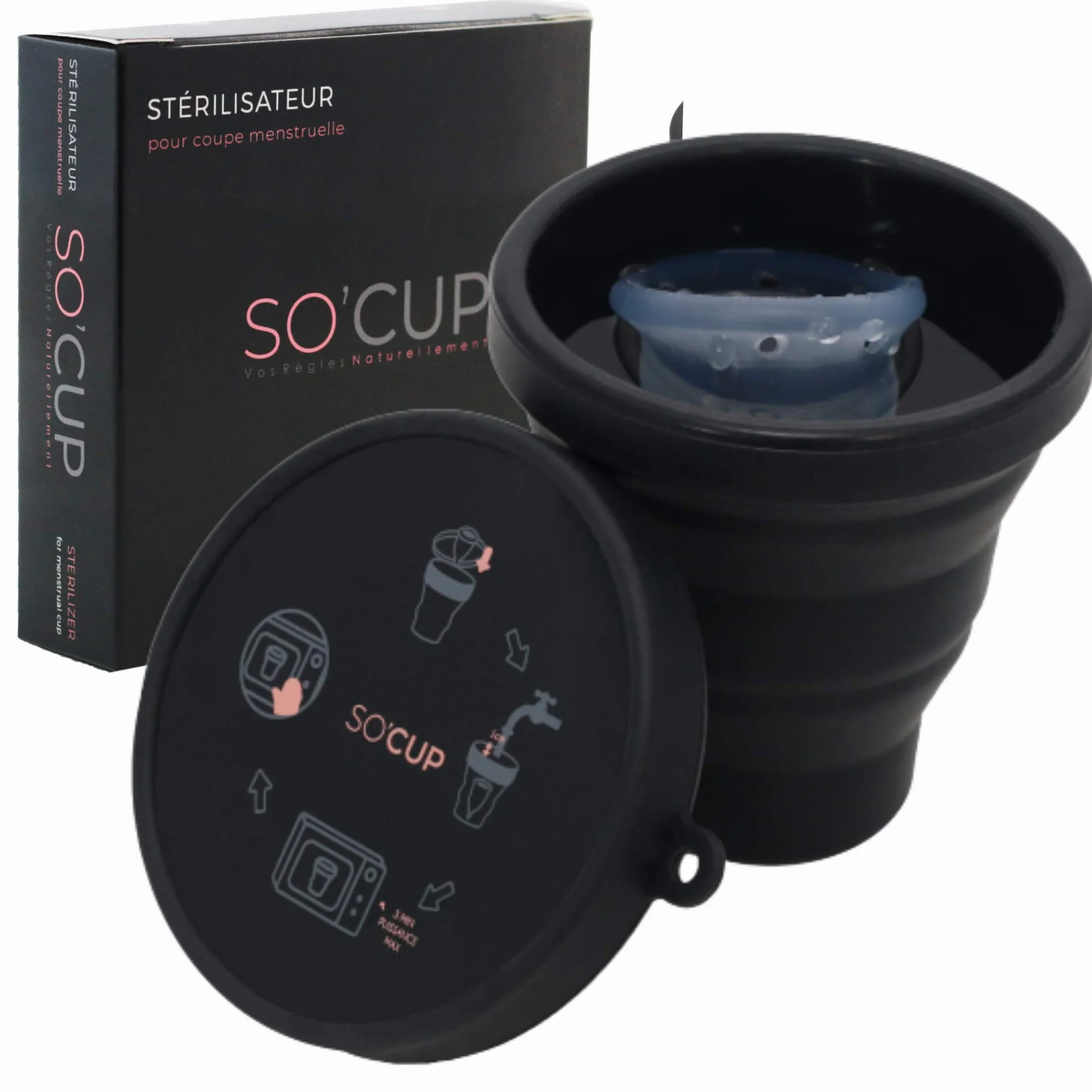 SO CUP Sterilizzatore Pieghevole e Scatola di Immagazzinaggio per tutti i tipi di Coppetta Mestruale, Menstrual Cup - 100% Silicone Medico - Istruzioni per l'Uso Incluse