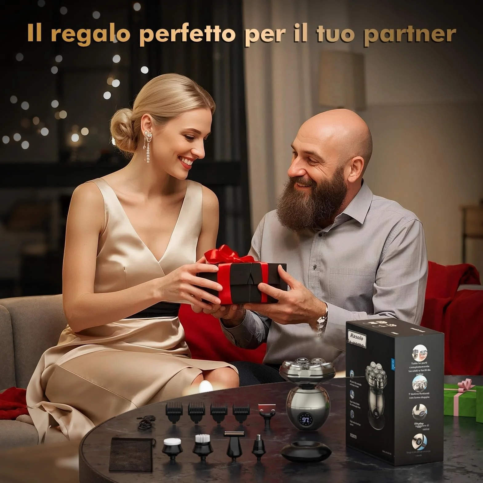 Rasoio Testa Calva Zero Assoluto 7D Magnetici Rimovibile 6 in 1 Impermeabile IP67 Display LED