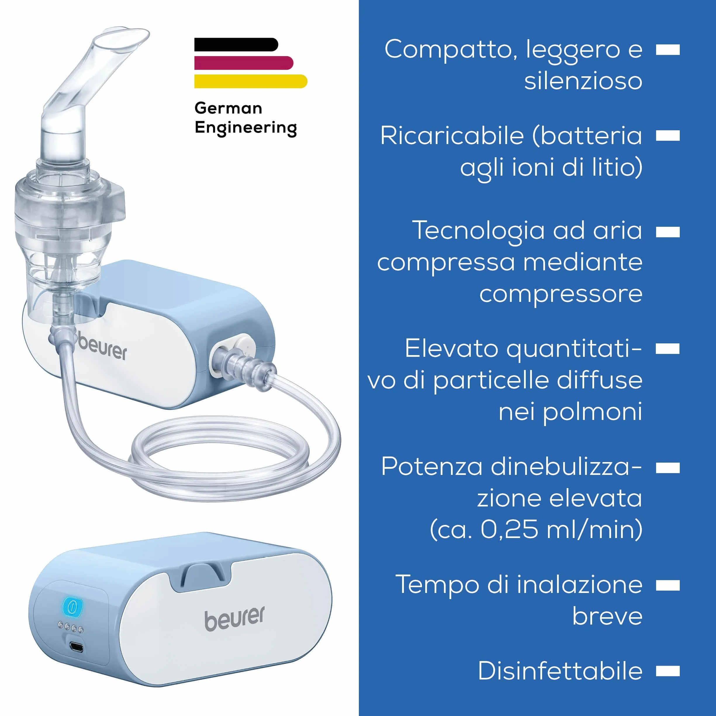 Beurer IH 60 Aerosol Portatile a Microcompressore con Batteria al Litio Ricaricabile, Compatto, Silenzioso, Inalazione Rapida 0.25 ml/min