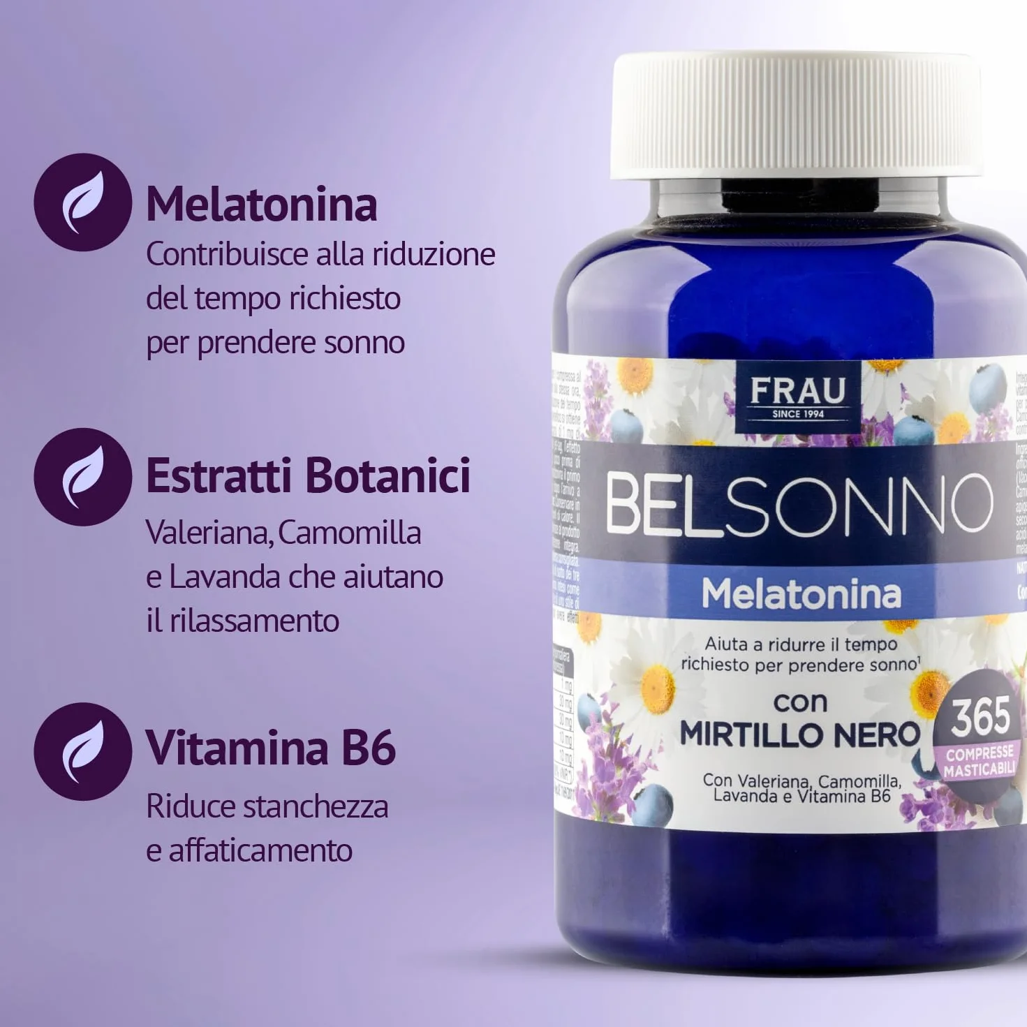 FRAU BEL SONNO Melatonina 365 Compresse Masticabili Integratore per il Sonno con Valeriana, Camomilla, Lavanda e Vitamina B6