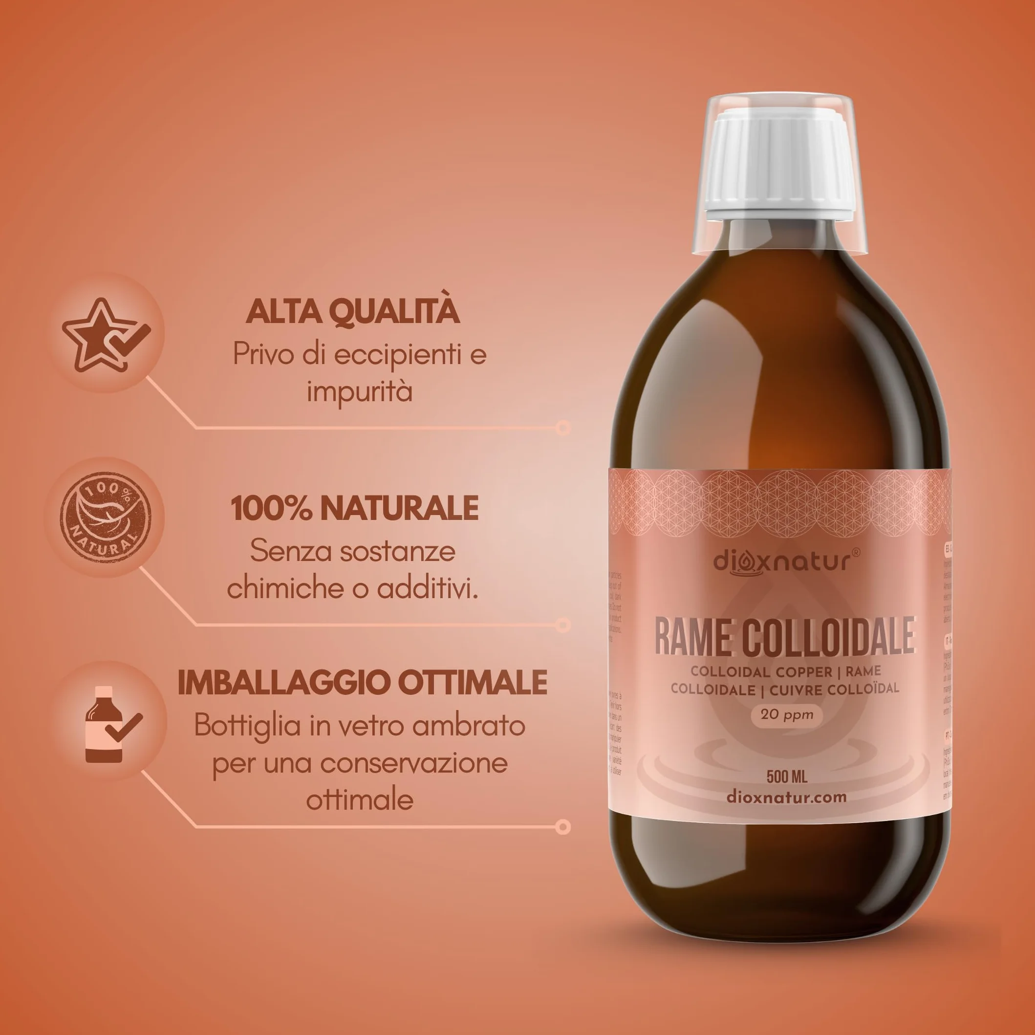 Rame Colloidale 500 ml - 20 ppm - 99,99% Purezza - Soluzione Liquida con Acqua Bidistillata - Flacone Vetro Ambra con Bicchierino Graduato