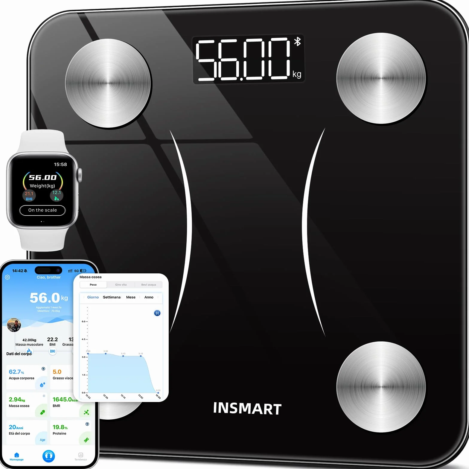 INSMART Bilancia Pesapersone Digitale Professionale Bluetooth 180KG 16 Indici