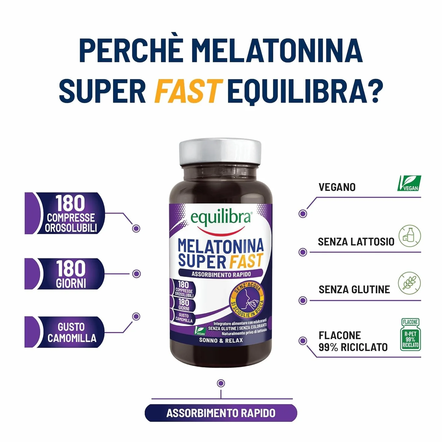 Equilibra Melatonina Super Fast 180 Compresse Orosolubili Integratore Sonno Rapido