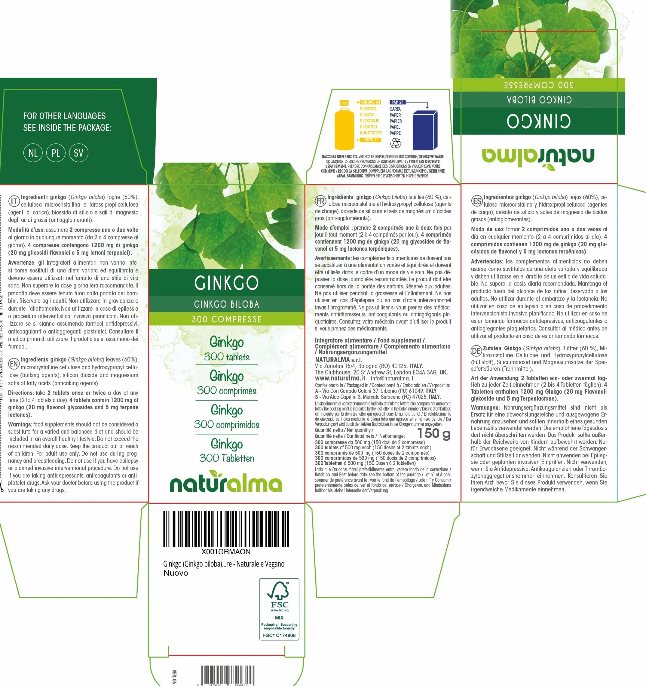 Ginkgo biloba foglie Naturalma 150 g 300 compresse Integratore alimentare