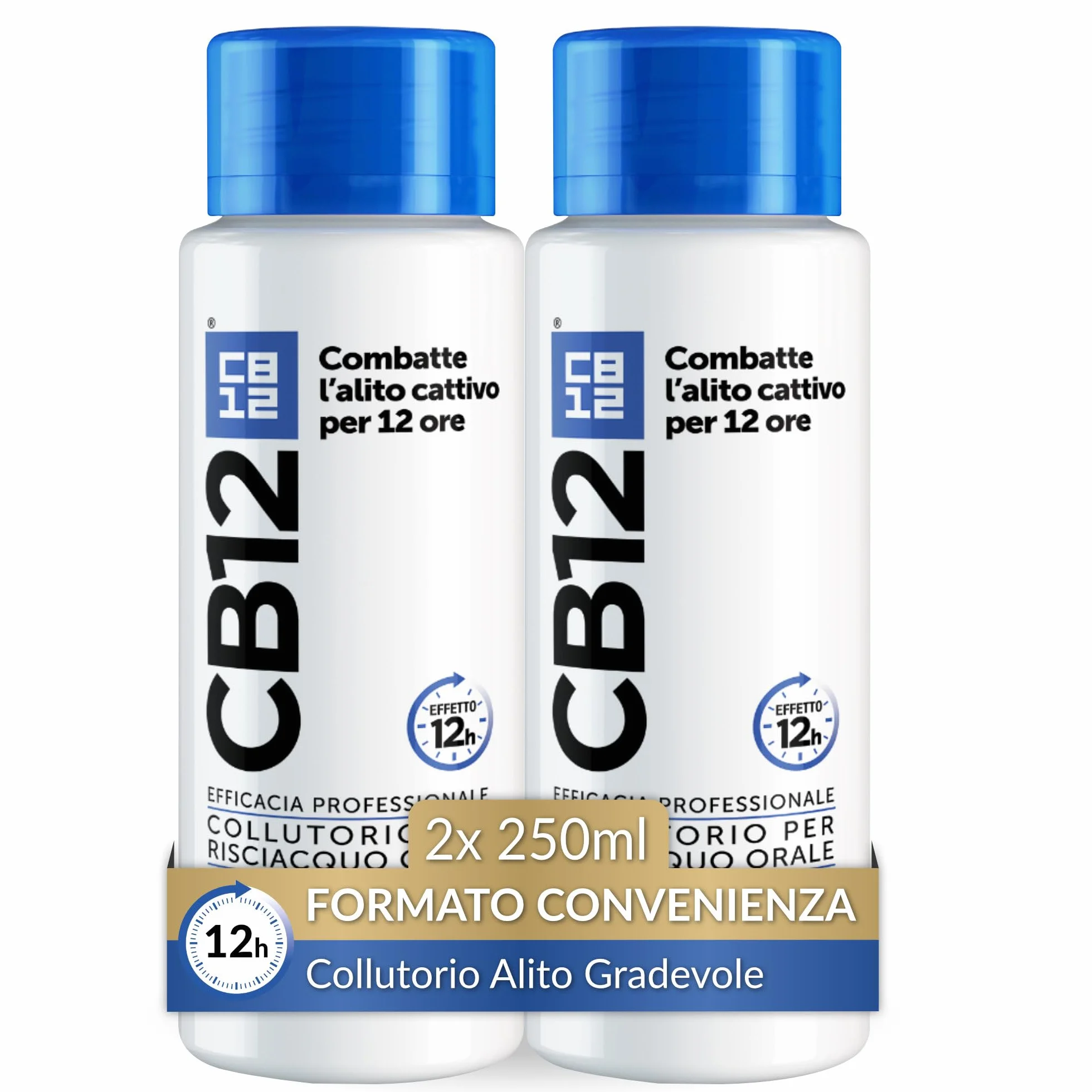 CB12 Original Collutorio per Risciacquo Orale, Protezione Alito Cattivo 16 Ore, Formula con Zinco, Clorexidina e Fluoro, Senza Alcol, 2x250 ml