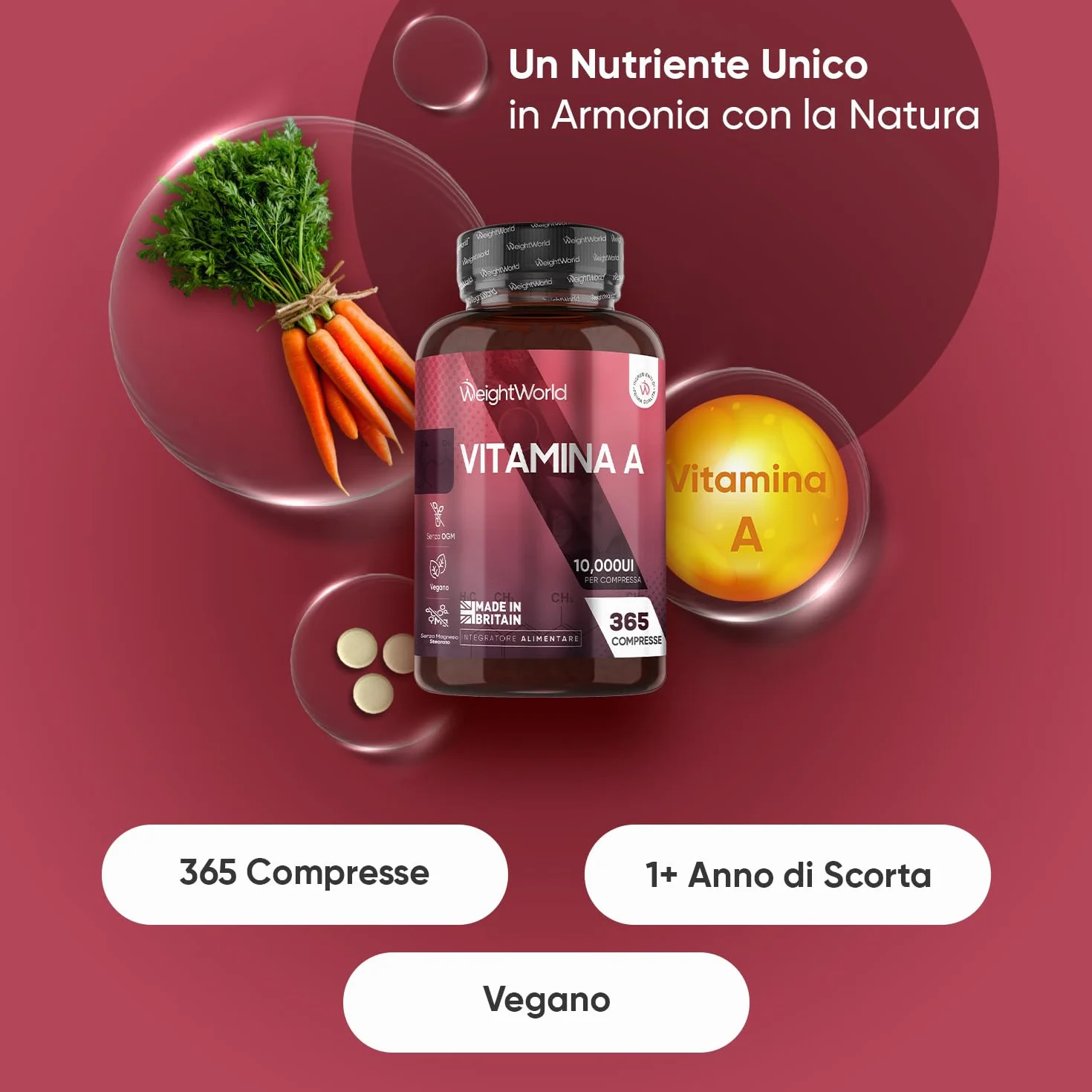 Vitamina A, 365 Compresse Vegane (per 1+ Anno), Vit A come Retinil Acetato, La Vitamina A Contribuisce al Mantenimento di una Vista Normale (EFSA), Senza Magnesio Stearato, Prodotto nel Regno Unito