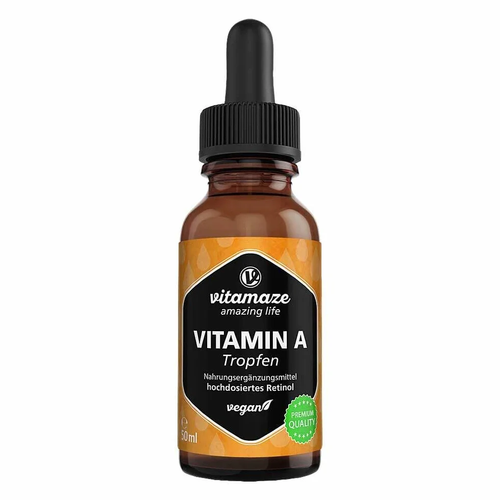 Vitamina A Gocce 5000 UI ad Alto Dosaggio per Dose Giornaliera, Retinolo Vegano & Liquido, 50 ml (1700 Gocce), Alta Biodisponibilità, Integratore Alimentare Naturale & Pura, senza Additivi
