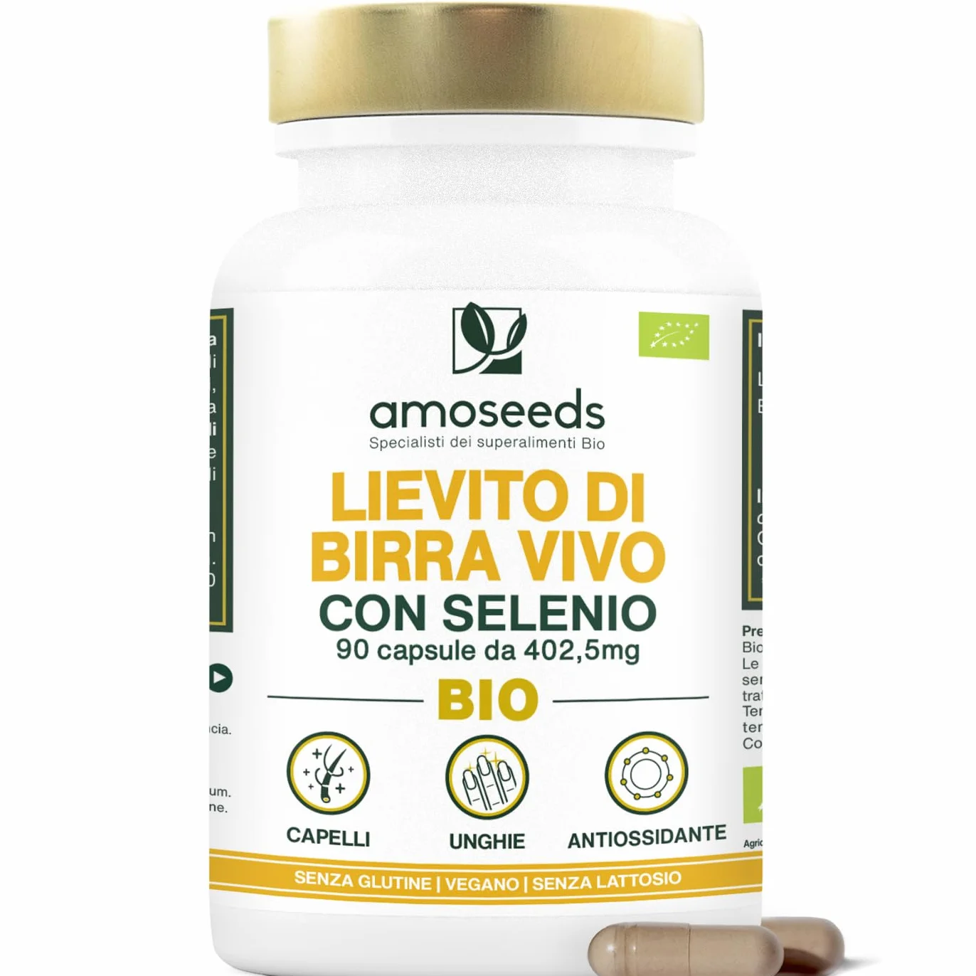 Lievito di Birra Vivo BIO 1200mg Selenio 90 capsule vegane per Capelli e Unghie