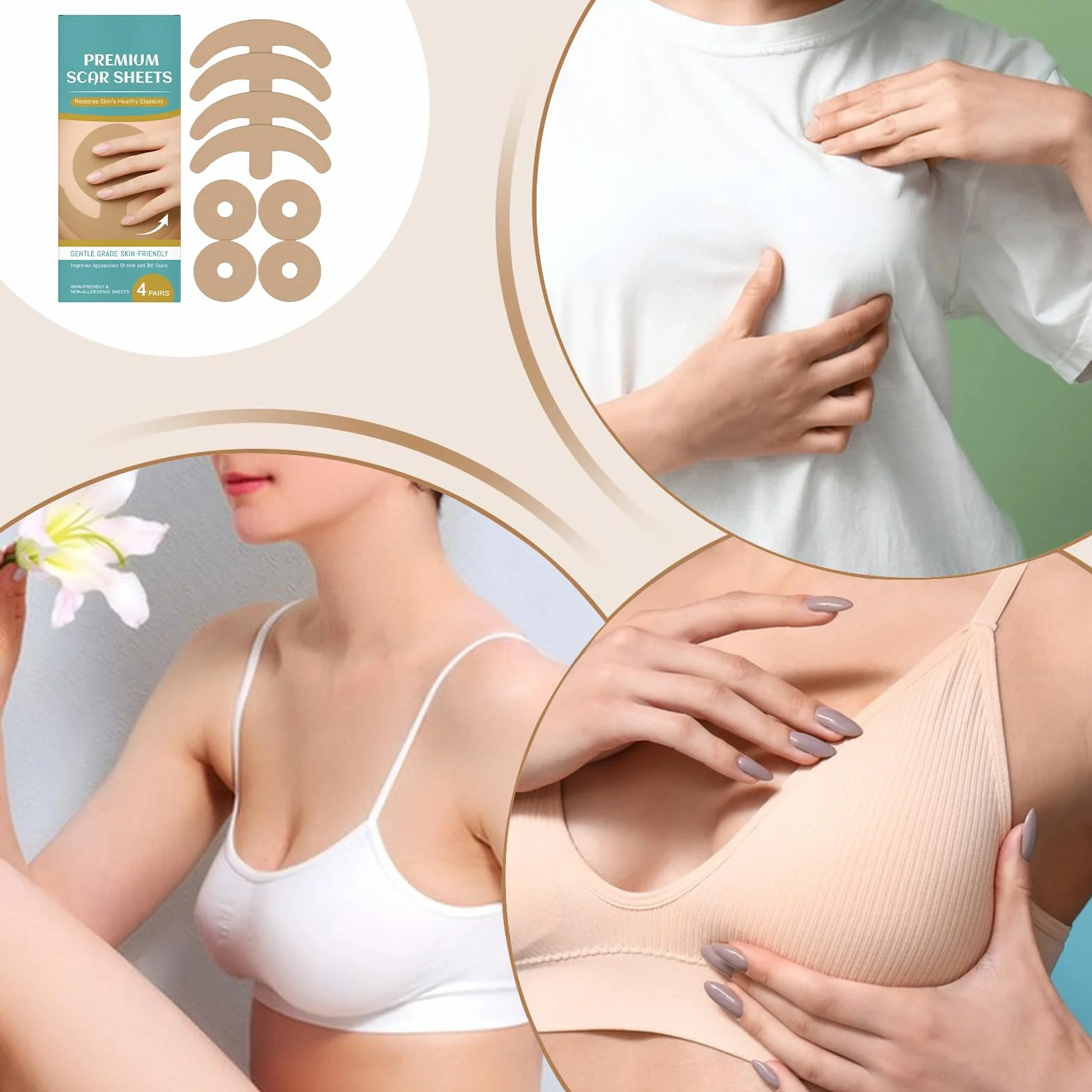 Cerotti In Silicone Per Cicatrici Al Seno - 4 Pezzi Assorbimento Cicatrici | Silicone Traspirante Morbido Riutilizzabile Supporto Recupero Per Donne Adulti