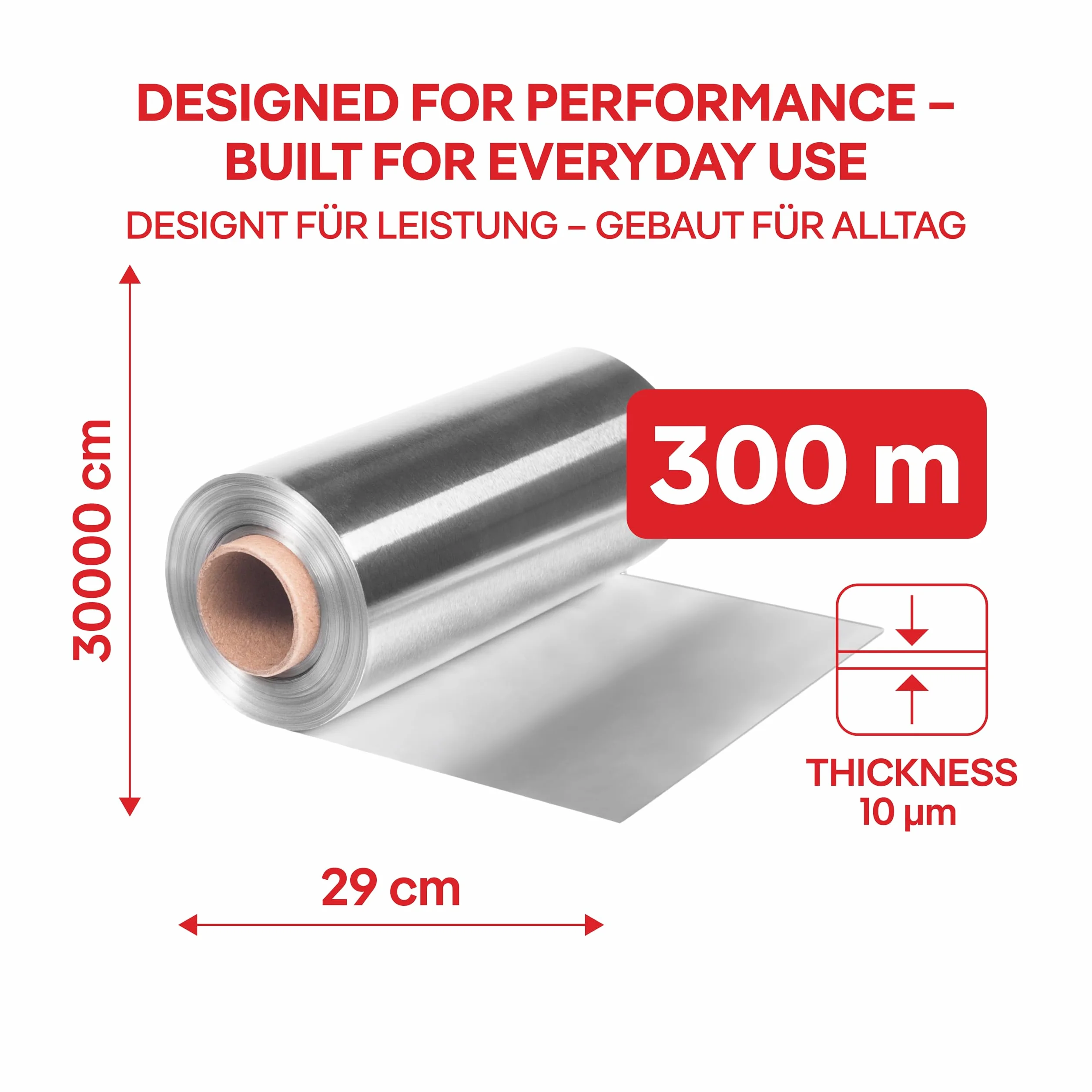 ALUFIX Foglio di alluminio per cottura al forno/ 1 rotolo/ 29 cm x 300 m/ 10 μm/argento/resistente allo strappo/resistente al calore e all'umidità/riciclabile/per la cucina
