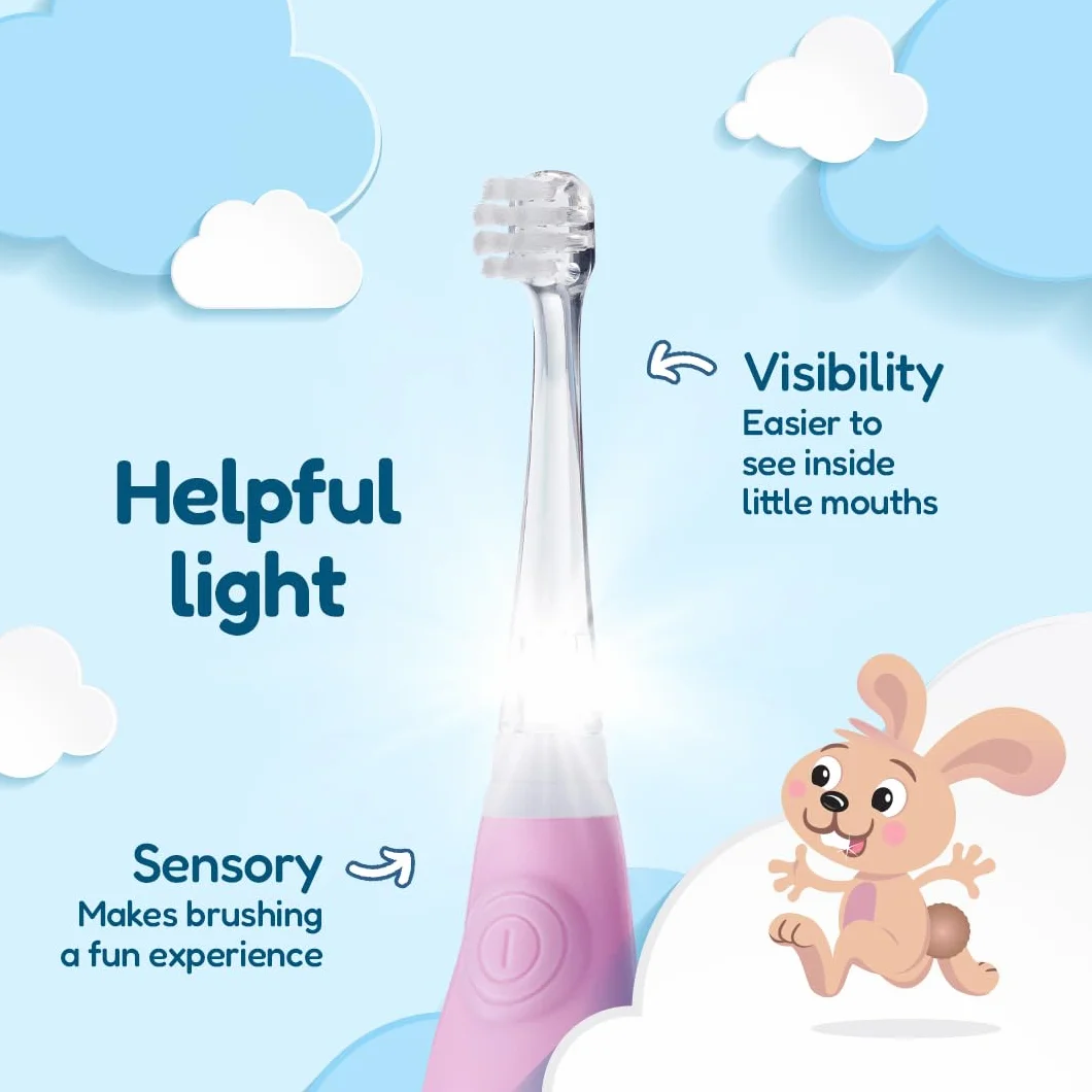 Brush-Baby - BabySonic - Spazzolino elettrico rosa, 0-36 mesi, morbido e delicato, per gengive sensibili e denti nuovi, con luce LED e base di aspirazione, testine per neonati e bambini