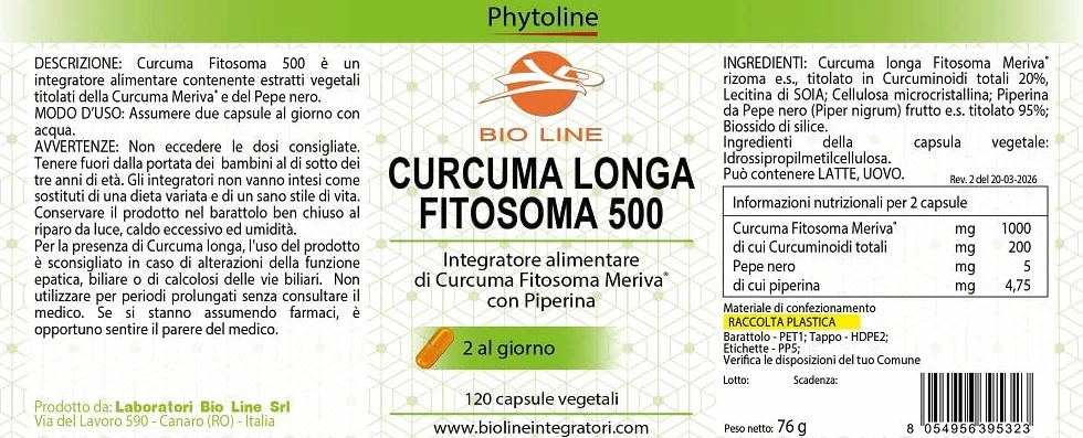 Bio Line Curcuma e Piperina 120 Capsule Vegetali Integratore Alimentare con Fitosoma Meriva 500mg Curcumina