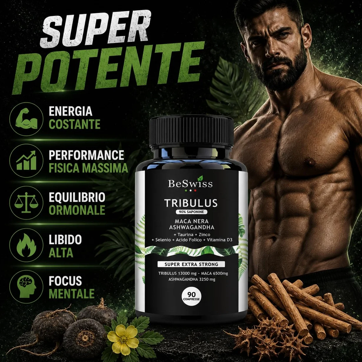 Tribulus, Maca e Ashwagandha - Alto Dosaggio | 120 Capsule con Zinco, Selenio e Vitamina D3