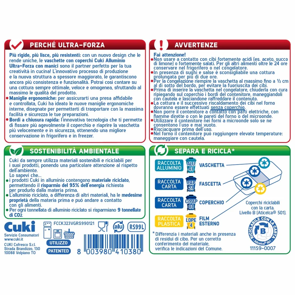 Cuki Vaschette Alluminio Con Coperchi - Ultra Forza - Con Manici - 6 Porzioni - Rettangolari [Rs99L] - 6 Confezioni Da 2 Pezzi