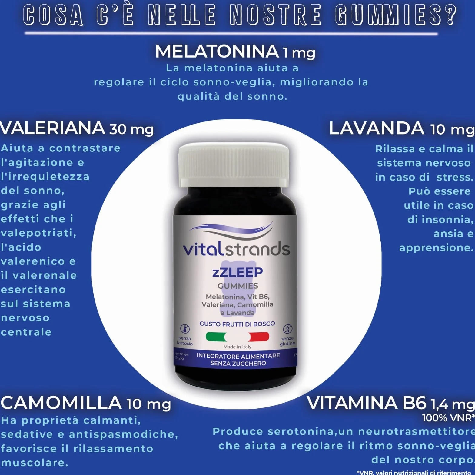 VITALSTRANDS zZLEEP | Melatonina per Dormire forte con l'aggiunta di erbe | Pastiglie per Dormire Meglio con Melatonina e Valeriana, Vitamina B6, Camomilla e Lavanda | 60 Caramelle per Dormire