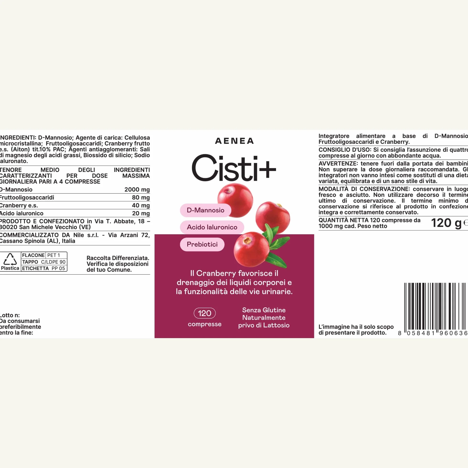 Cisti+ Integratore Cistite Donna 120cpr con D Mannosio Puro 2000mg, Mirtillo Rosso, Cranberry, Acido Ialuronico, Prebiotici per Benessere Vie Urinarie, Drenaggio Liquidi, Integratori Vie Urinarie
