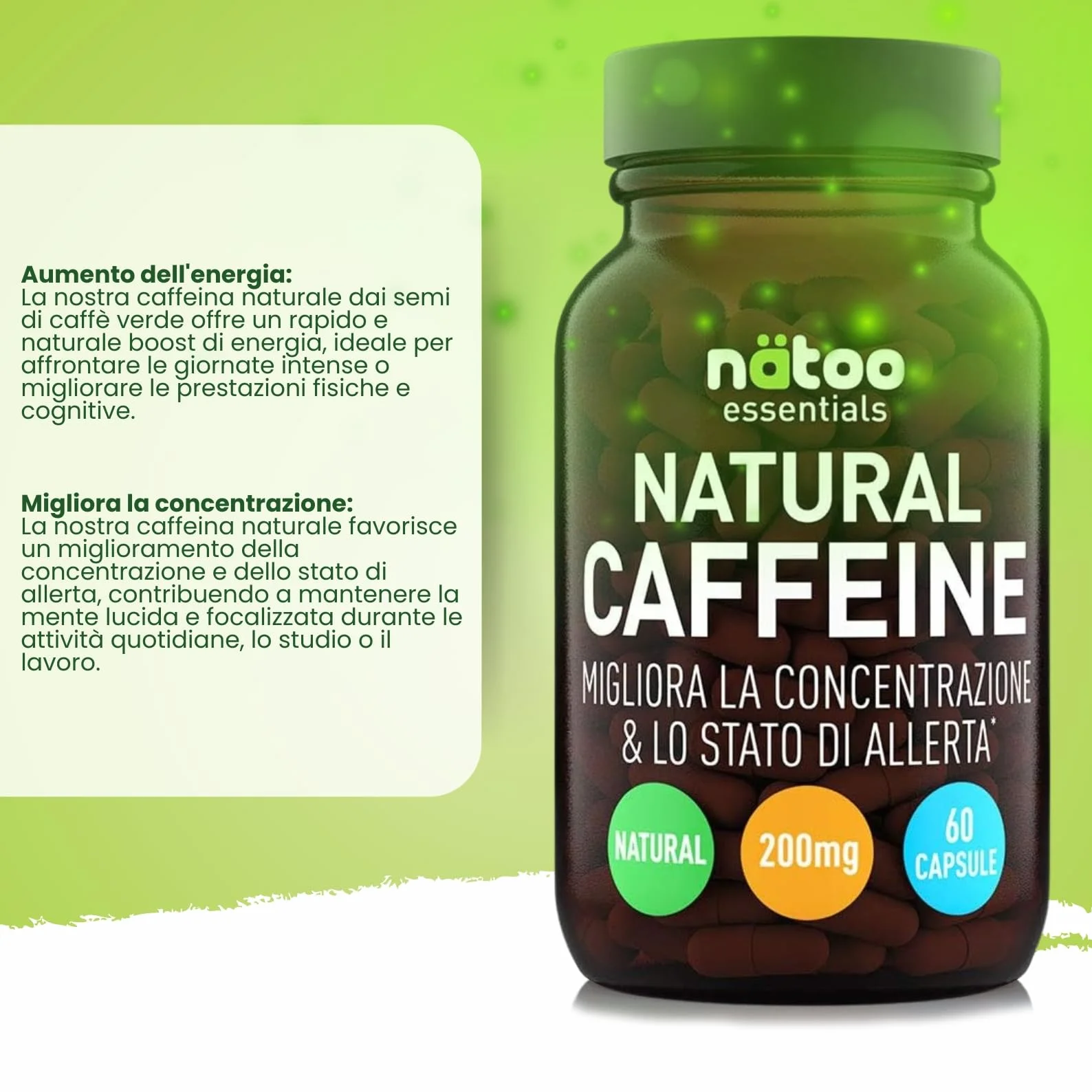Caffeina 200mg 60 Capsule Vegane, Caffeina Pura da Caffe Verde Coffea arabica, Pre-Workout Integratore