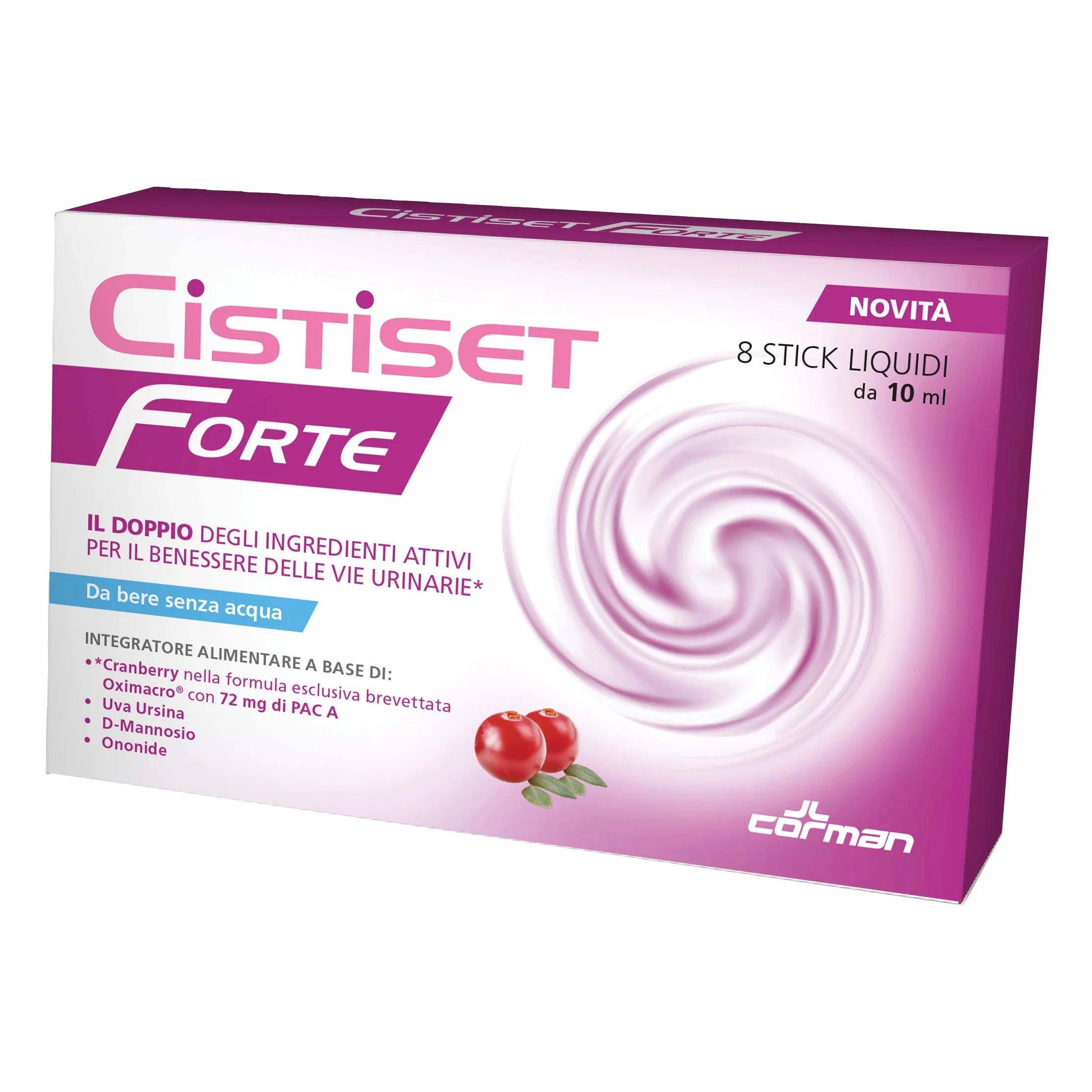 Cistiset Forte Integratore Vie Urinarie Cranberry Uva Ursina D-Mannosio Ononide 8 Stick Liquidi Senza Glutine Lattosio