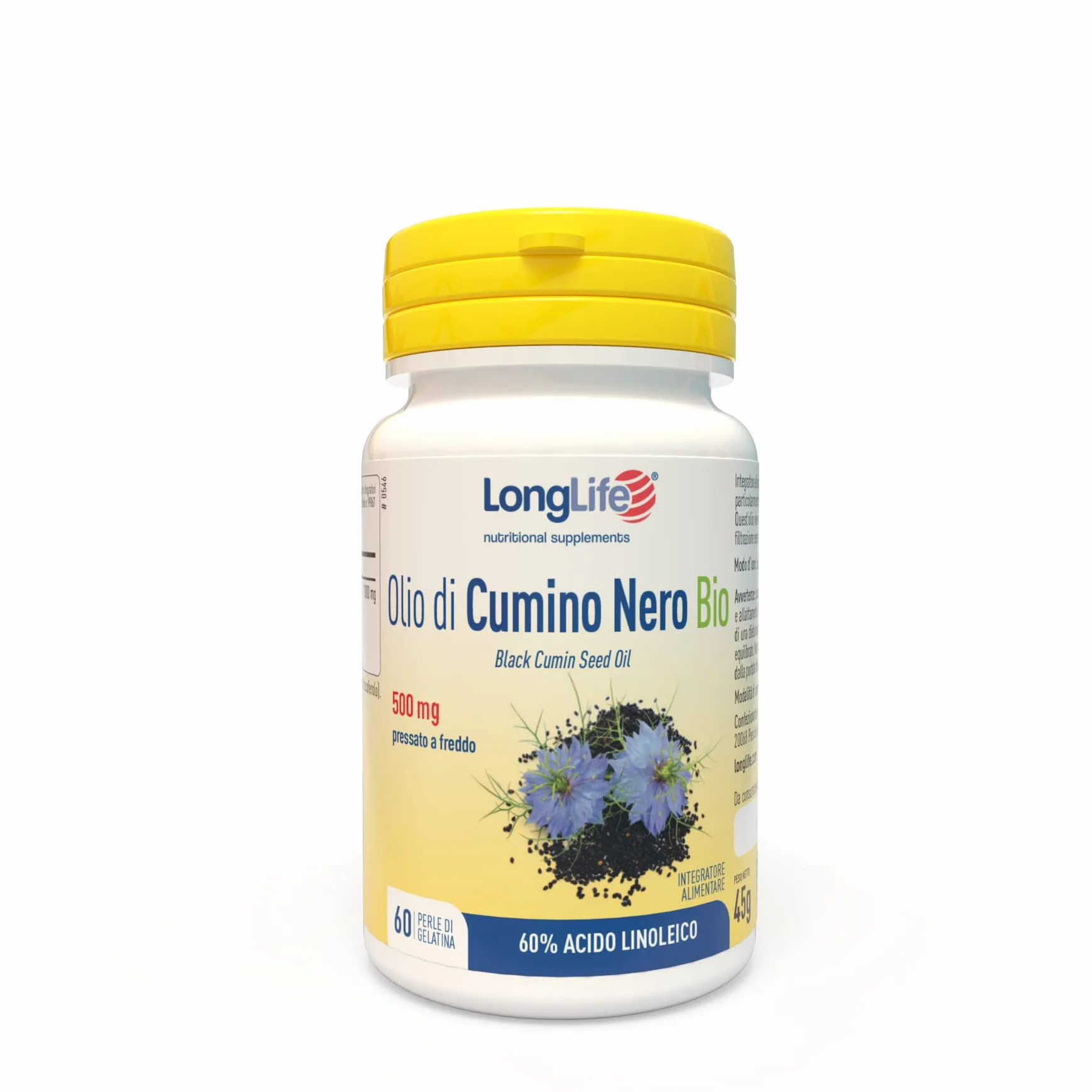 LongLife® Olio di Cumino Nero Bio | Titolato al 60% in acido linoleico | Pressato a freddo | Sostegno immunitario e cardiovascolare | Funzione antiossidante | 1 mese di trattamento | Senza glutine