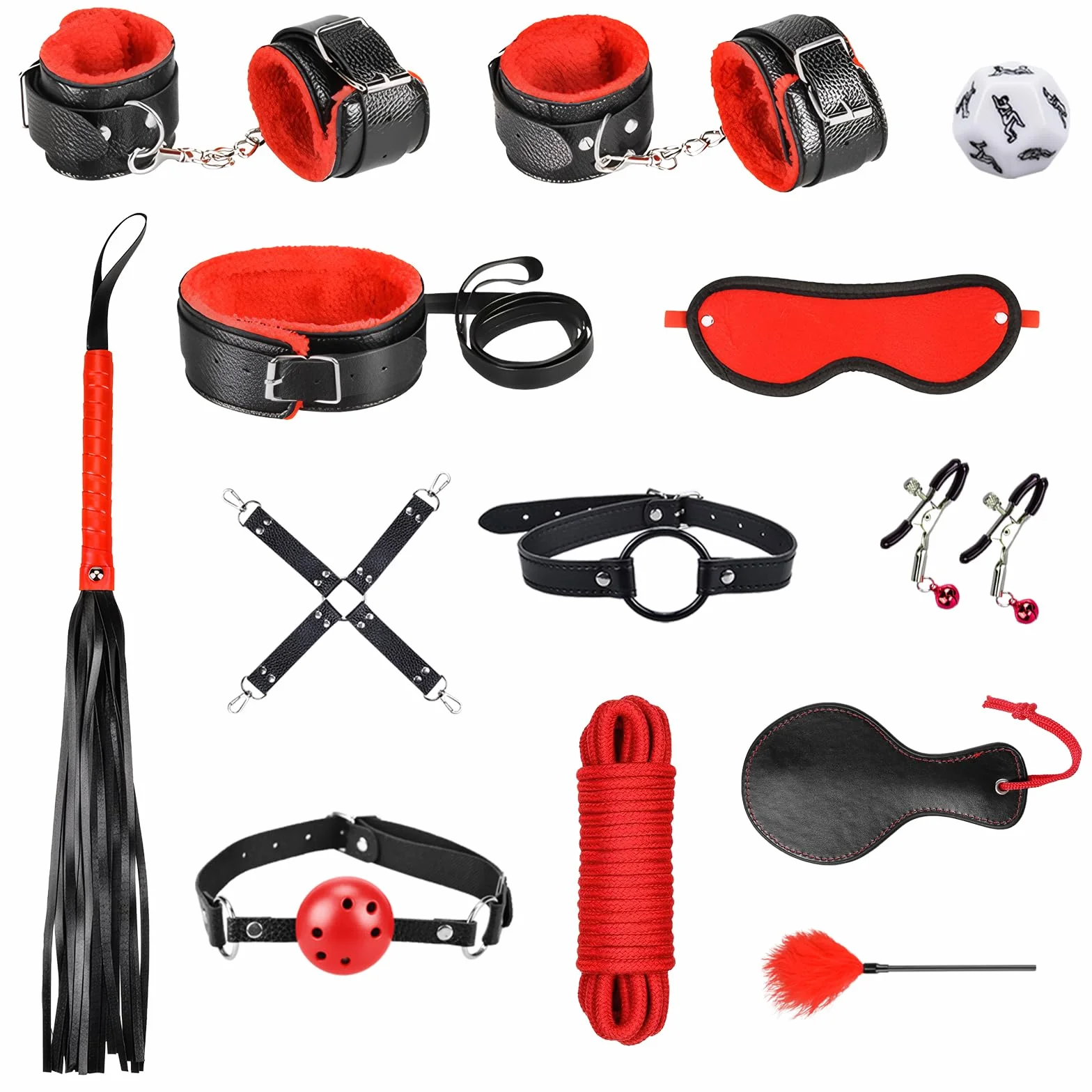 Set bondage nero e rosso kit di contenzione BDSM da 13 pezzi per coppie – Kit bondage per principianti accessorio per sesso estremo per donne e uomini set di contenzione per letto