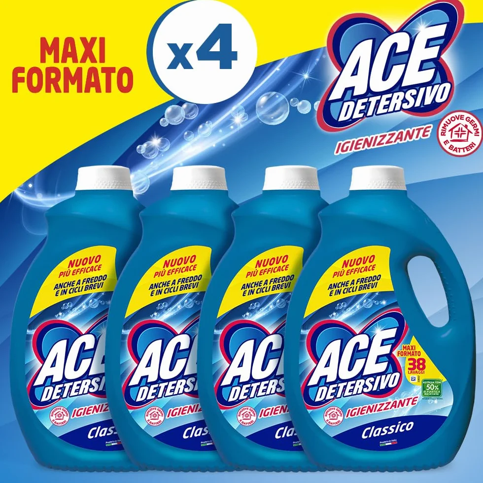 ACE Detersivo Igienizzante Classico – Detersivo Liquido Lavatrice, Rimuove Macchie e Sporco, Igienizza Tessuti, Bucato Pulito e Fresco anche a Freddo, Formula Efficace e Profumo Duraturo, 152 lavaggi