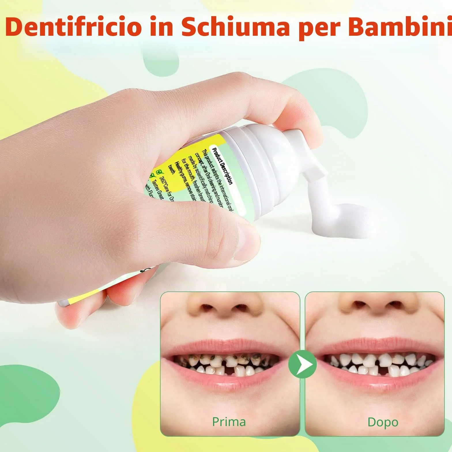 Dentifricio Schiuma Bambini, Riduce la Placca, Dentifricio in Schiuma Sbiancante a Basso Contenuto di Fluoro con Formula Naturale per Spazzolino a Forma di U dai 3 Anni in su (Fragola & Anguria)