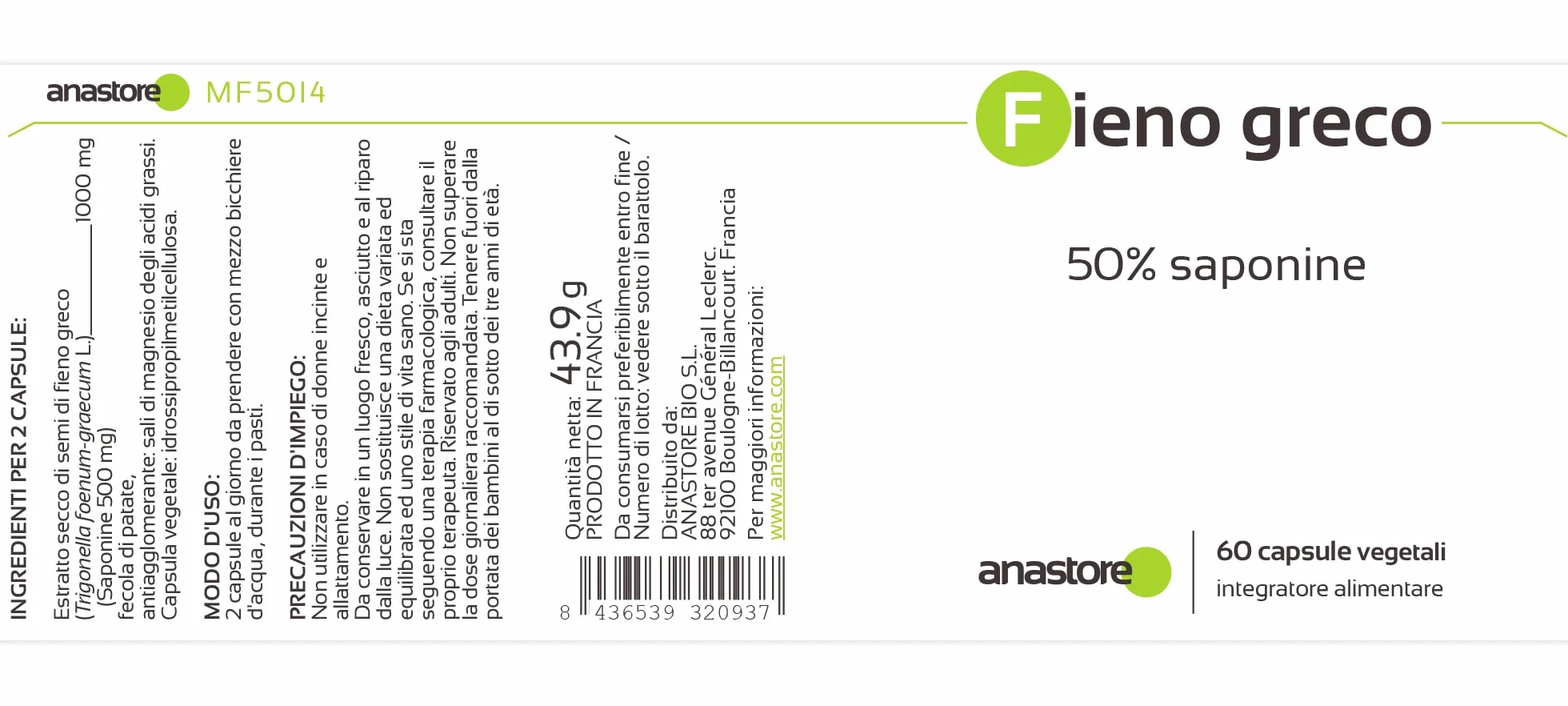 FIENO GRECO * 500 mg / 60 capsule * Titolato al 50% in saponine * Antinfiammatorio, Carenze, Peso, Rendimento Sportivo