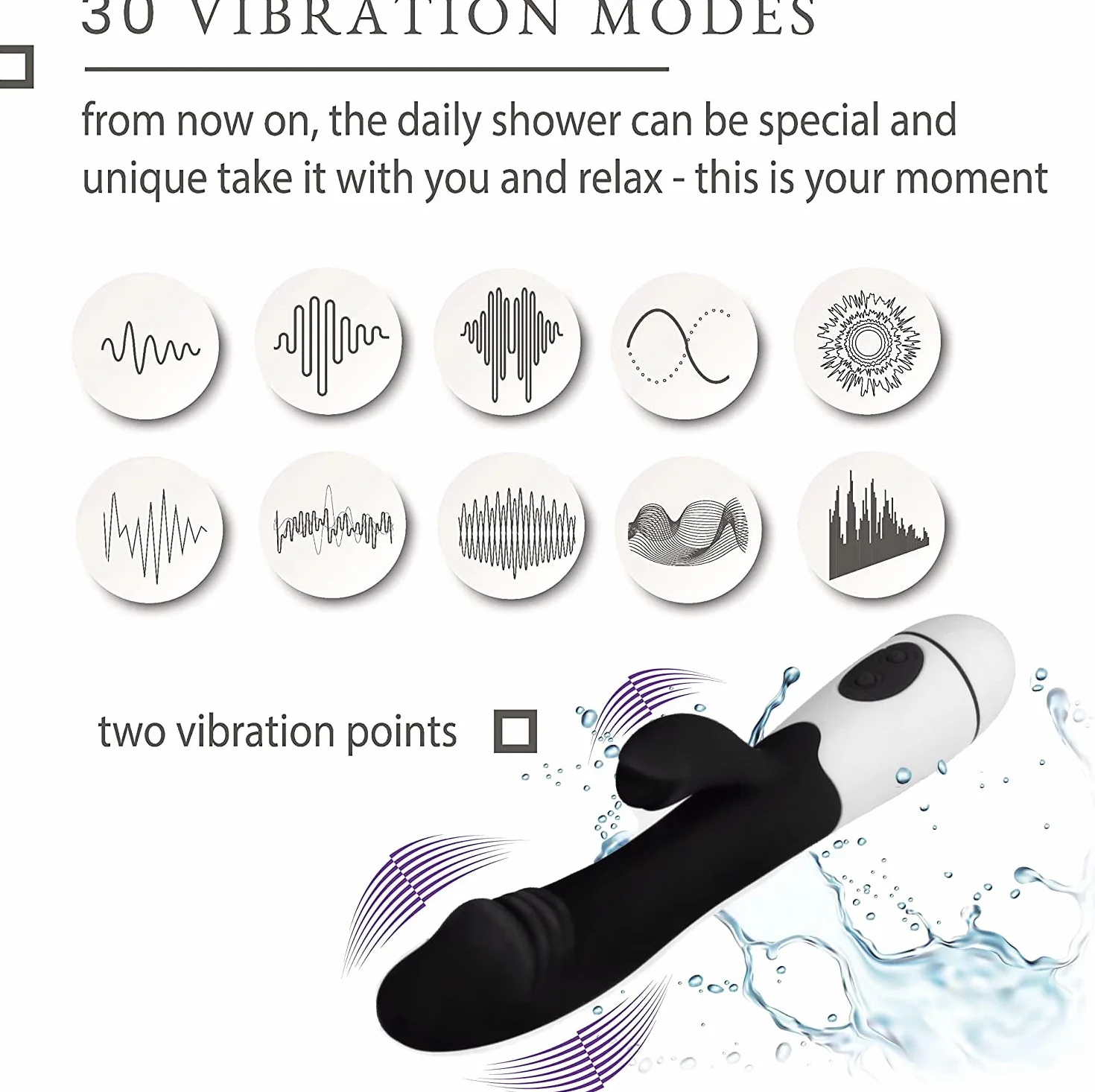 Vibratore Rabbit 19cm ⌀3cm – 30 Modalità, Nero Stimolatore Clitoride e Punto G in Silicone, Dildo Impermeabile, Sex Toy Donna, FOPS W25-3