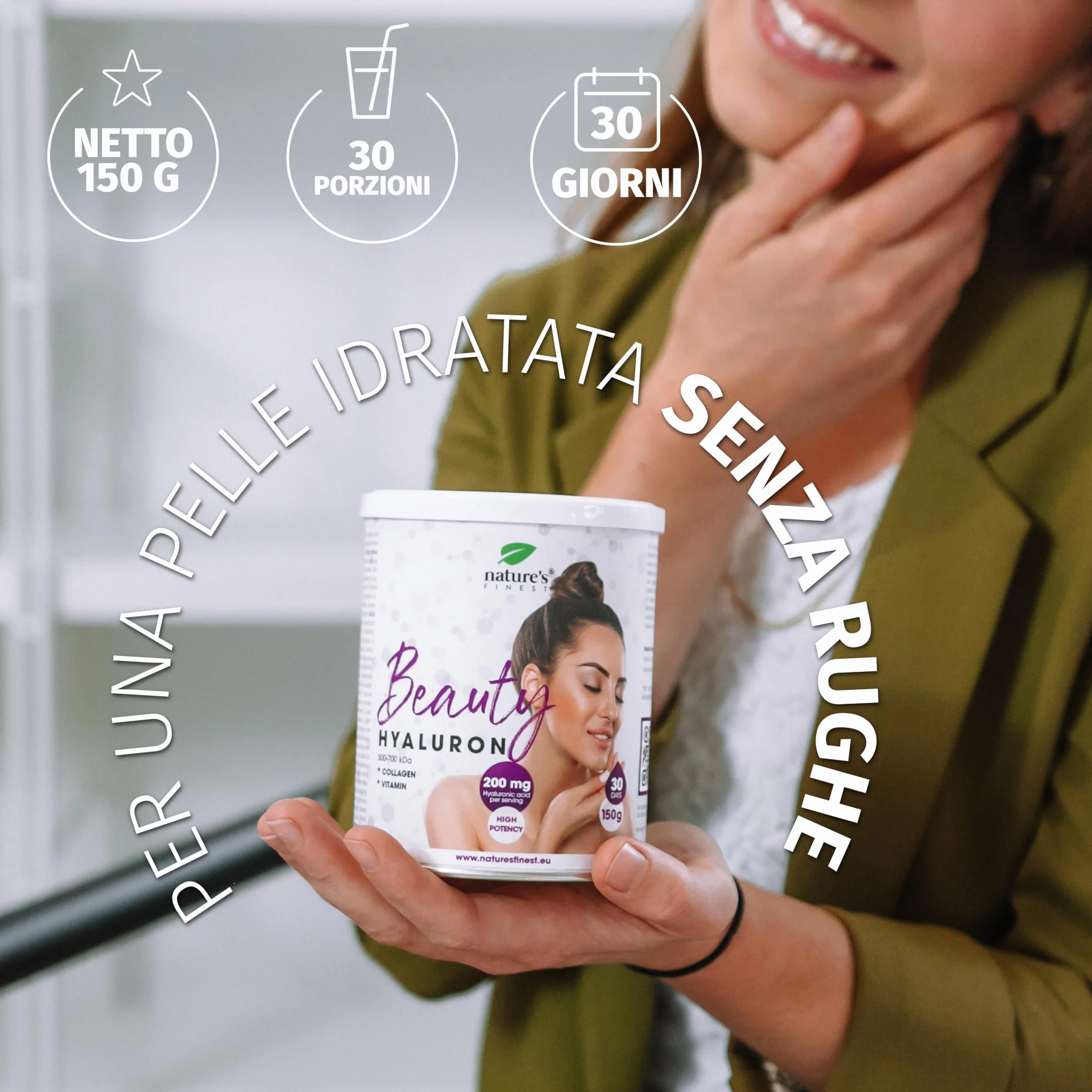 Nature's Finest Beauty Hyaluron Collagene con Acido Ialuronico 200mg per Dose e Vitamina C, Integratori per Pelle, Capelli e Unghie