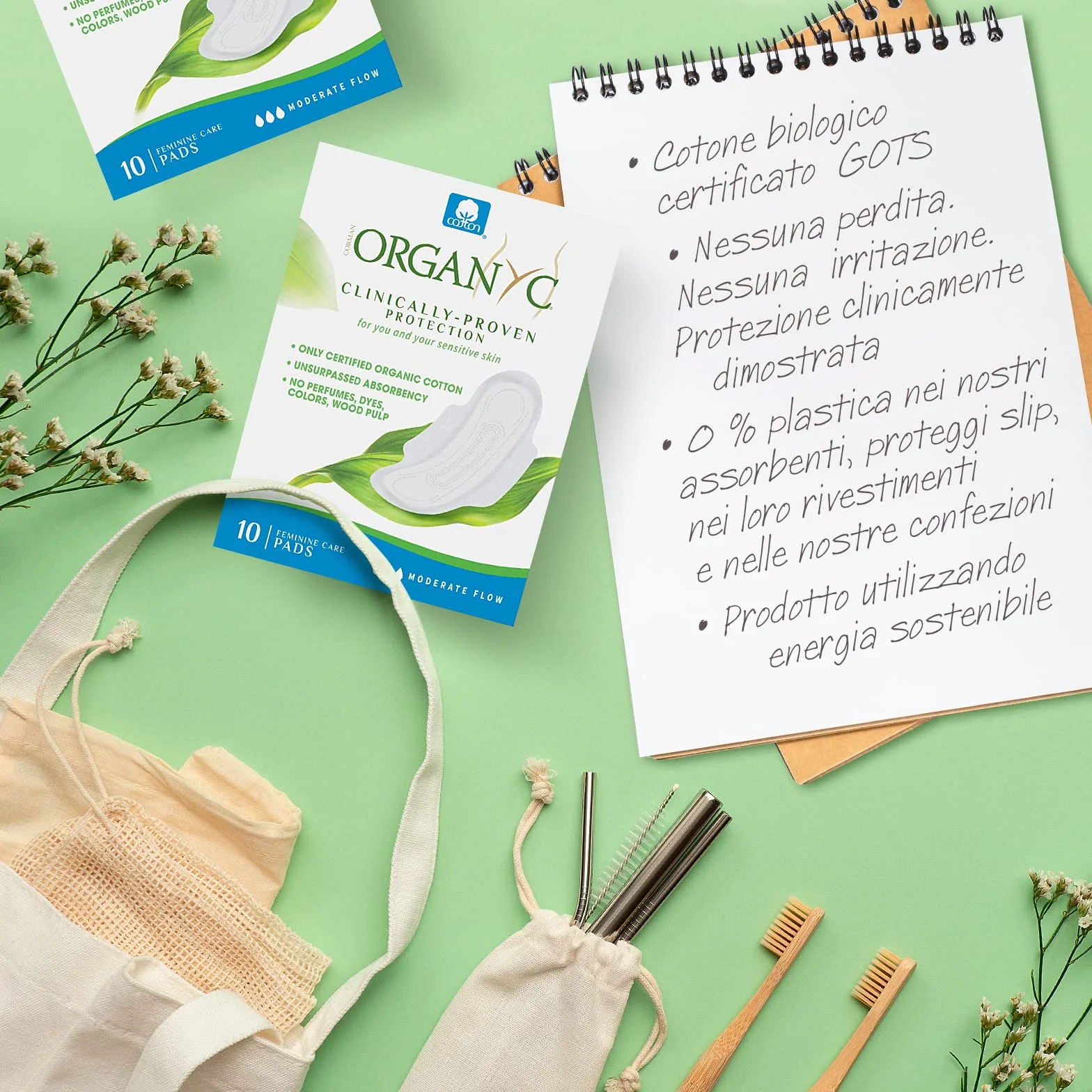 Organyc Assorbenti Giorno con Ali Ripiegate in Cotone Certificato 100% Biologico, 1 Confezione da 10 Unità