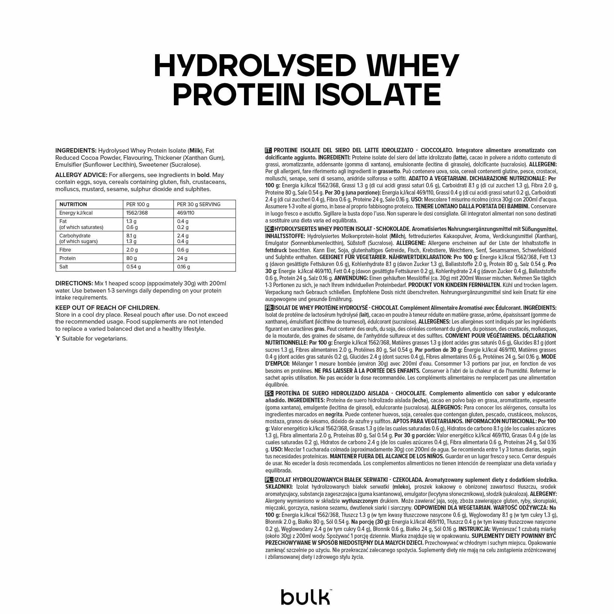 Bulk Hydrolysed Whey Protein Isolate Chocolate 1 kg 83 Porzioni