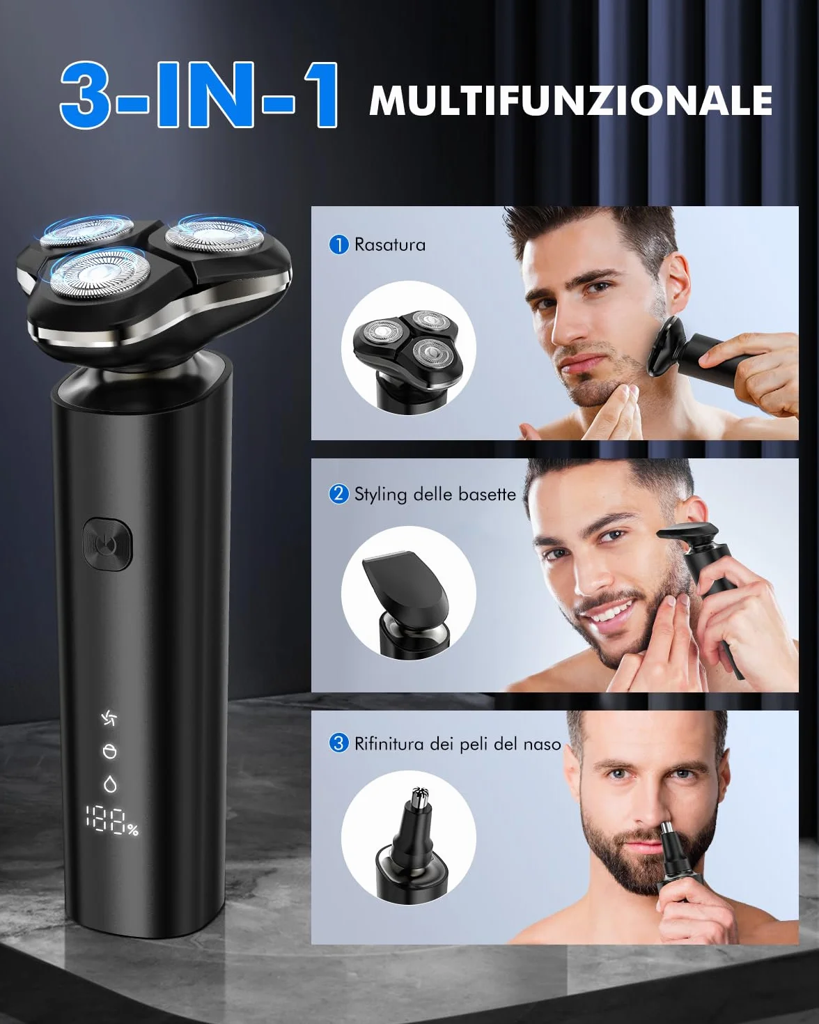 Rasoio Elettrico Barba Uomo IPX7 3D Rotativo con Display LED Wet & Dry Set 3 in 1