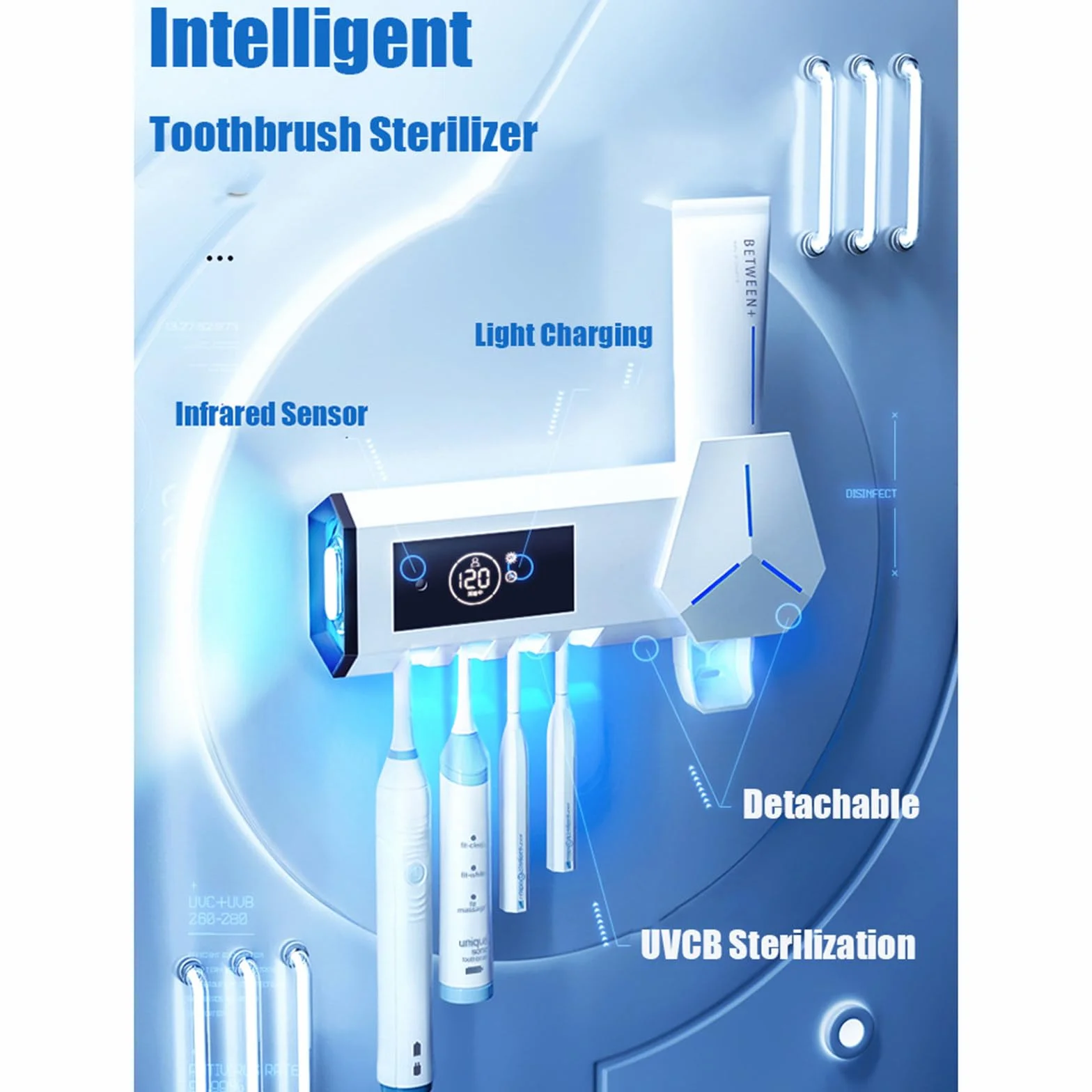 Sterilizzatore per spazzolino UV intelligente Disinfezione senza punzonatura Scaffale per spazzolino da denti Spazzolino da denti a parete Spremere dispositivo per dentifricio,Black