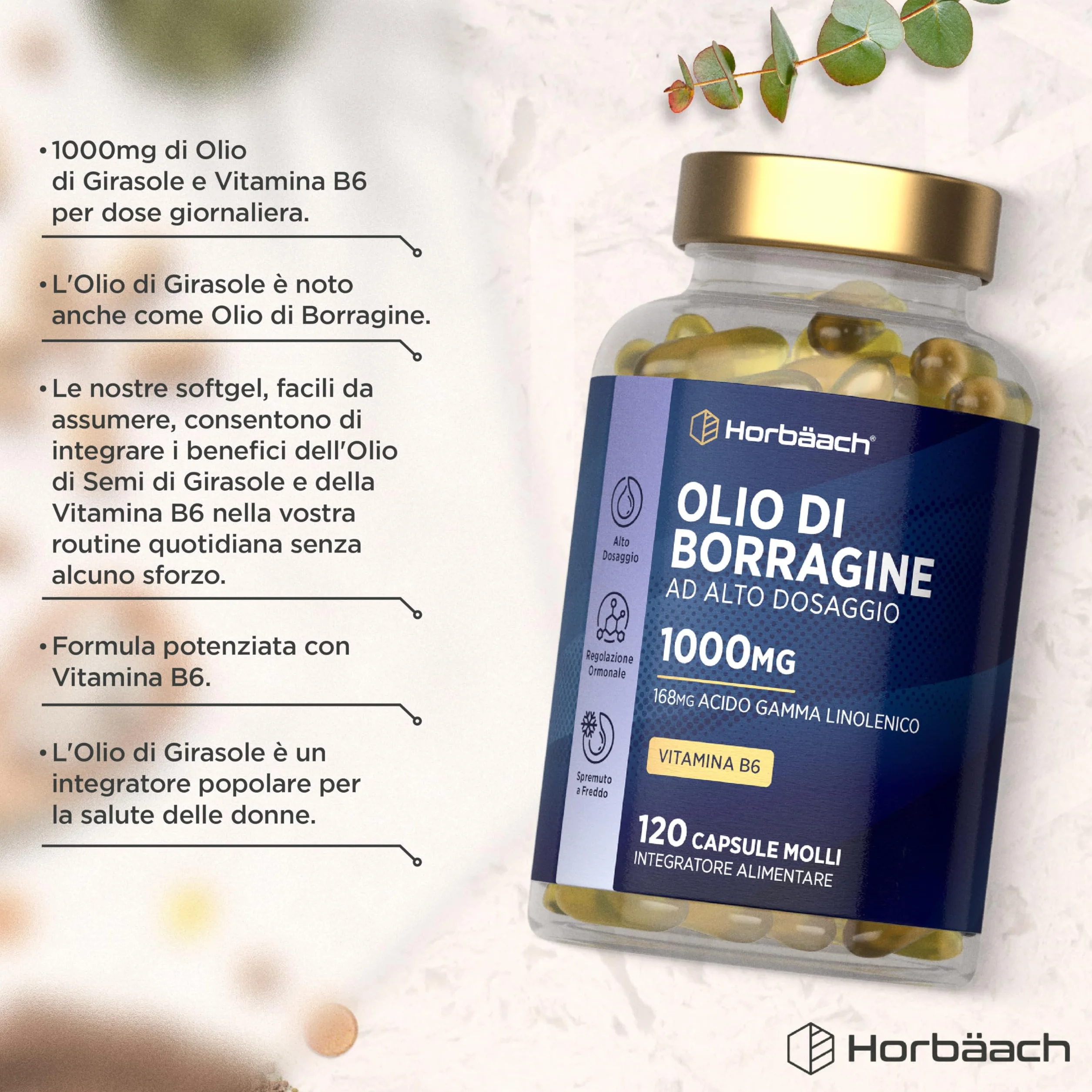 Olio di Borragine 1000mg Horbaach 120 Perle con Vitamina B6 e Acido Gamma Linoleico GLA