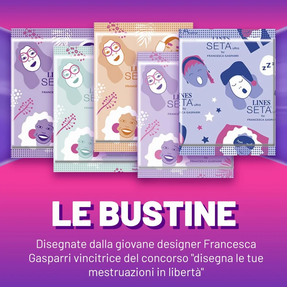 LINES SETA ULTRA EXTRA NOTTE con ali, Pacco scorta da 128 assorbenti per ciclo mestruale, extra protezione per la notte fino a 12 ore, zero odori, Ipoallergenico, cuore lines super assorbente