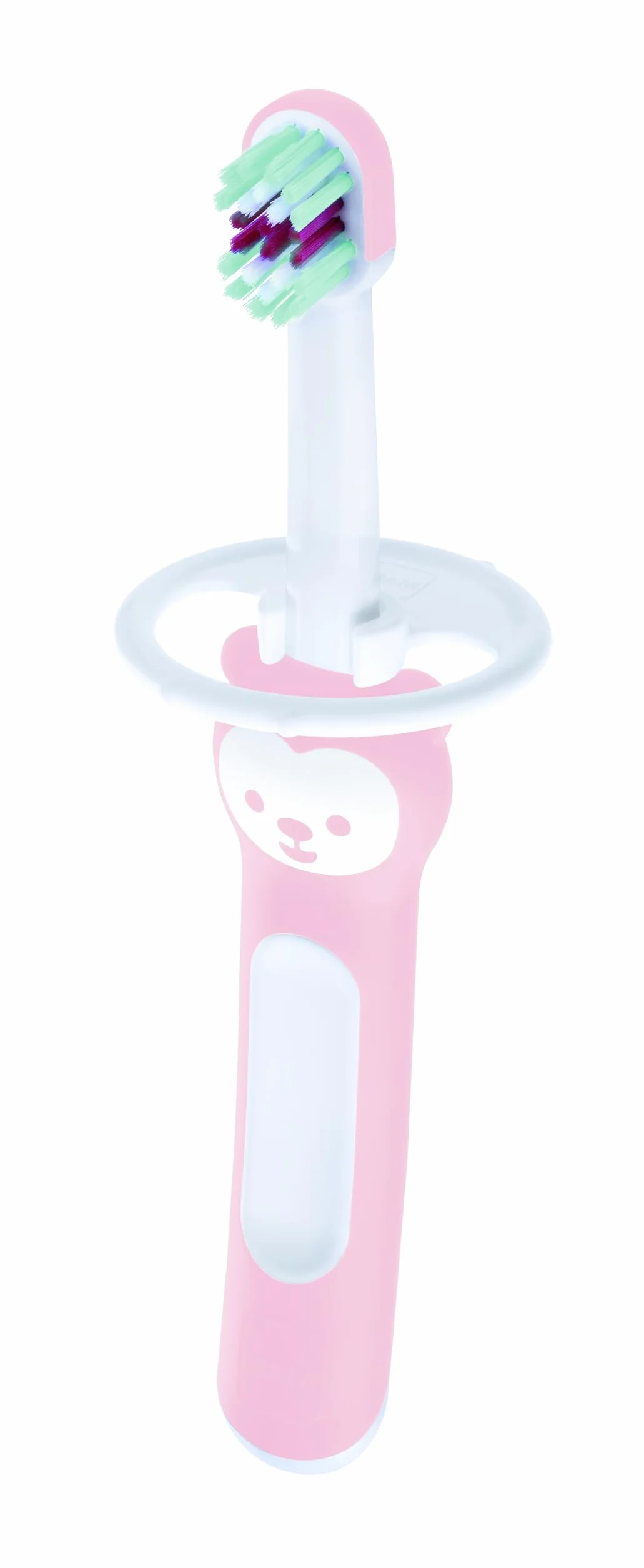 MAM Spazzolino da denti per bambini, manico compatto, ergonomico e antiscivolo, ideale per primi denti, con protezione di sicurezza, testa piccola e setole extra morbide, rosa, confezione da 1